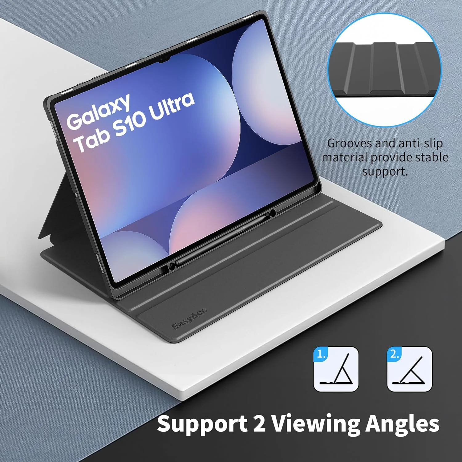 کیف EasyAcc برای تبلت سامسونگ X920 Galaxy Tab S10 Ultra/Tab S9 Ultra 14.6 اینچی با جای قلم S Pen، جلد نازک کتابی تاشو با قابلیت استند و محافظ تبلت، زاویه دید چندگانه، مشکی