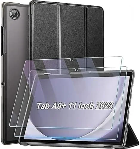 کاور تبلت سامسونگ گلکسی تب A9+ پلاس 10.9/11 اینچ 2023 به همراه 2 عدد محافظ صفحه نمایش شیشه ای حرارت دیده - کاور سه تایی شفاف برای تبلت سامسونگ تب A9 پلاس (SM-X210/X216/X218) - مشکی