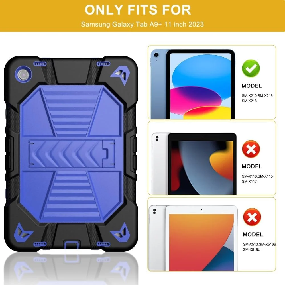 کاور محافظ تبلت سامسونگ گلکسی تب A9 پلاس/A9+ 11 اینچ 2023 مدل SM-X210/X215/X216/X218، با پایه نگهدارنده، PC + سیلیکون ضد ضربه - مشکی + آبی