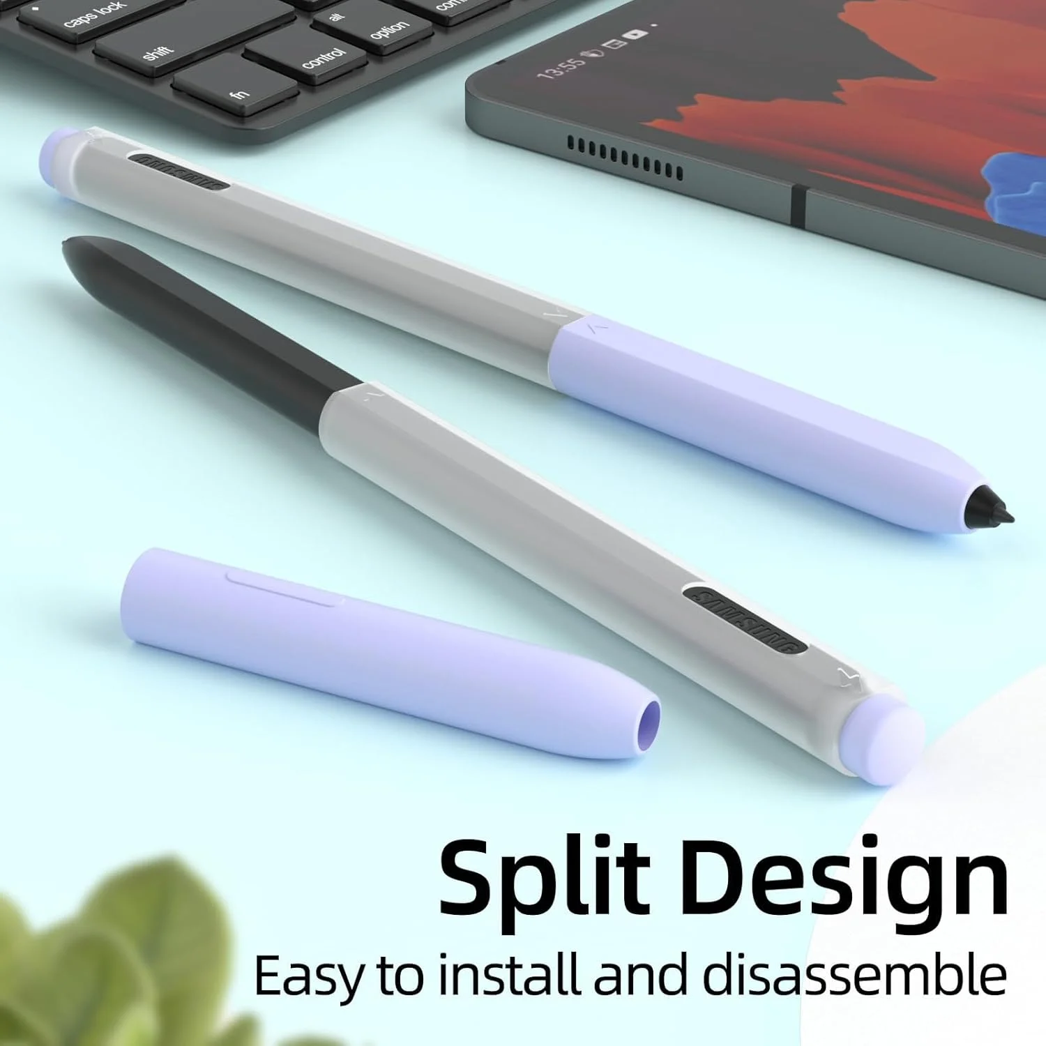 محافظ قلم تبلت سامسونگ گلکسی تب S7/+/S7 FE/S8/S8+/S8 Ultra/S9/S9+/S9 Ultra، با پوشش جداگانه بالا و پایین، روکش سیلیکونی نیمه شفاف (بنفش یاسی)