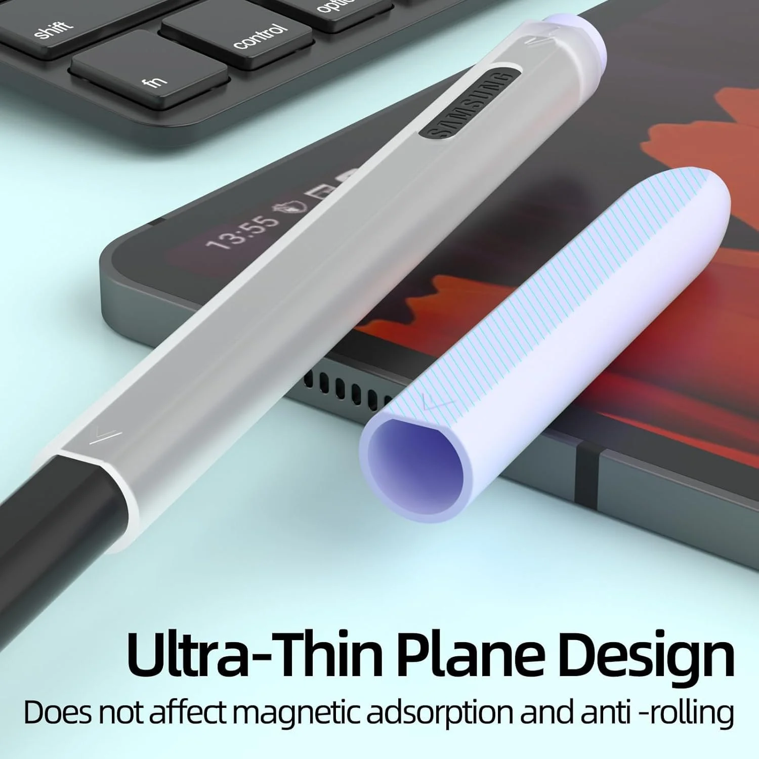 محافظ قلم تبلت سامسونگ گلکسی تب S7/+/S7 FE/S8/S8+/S8 Ultra/S9/S9+/S9 Ultra، با پوشش جداگانه بالا و پایین، روکش سیلیکونی نیمه شفاف (بنفش یاسی)