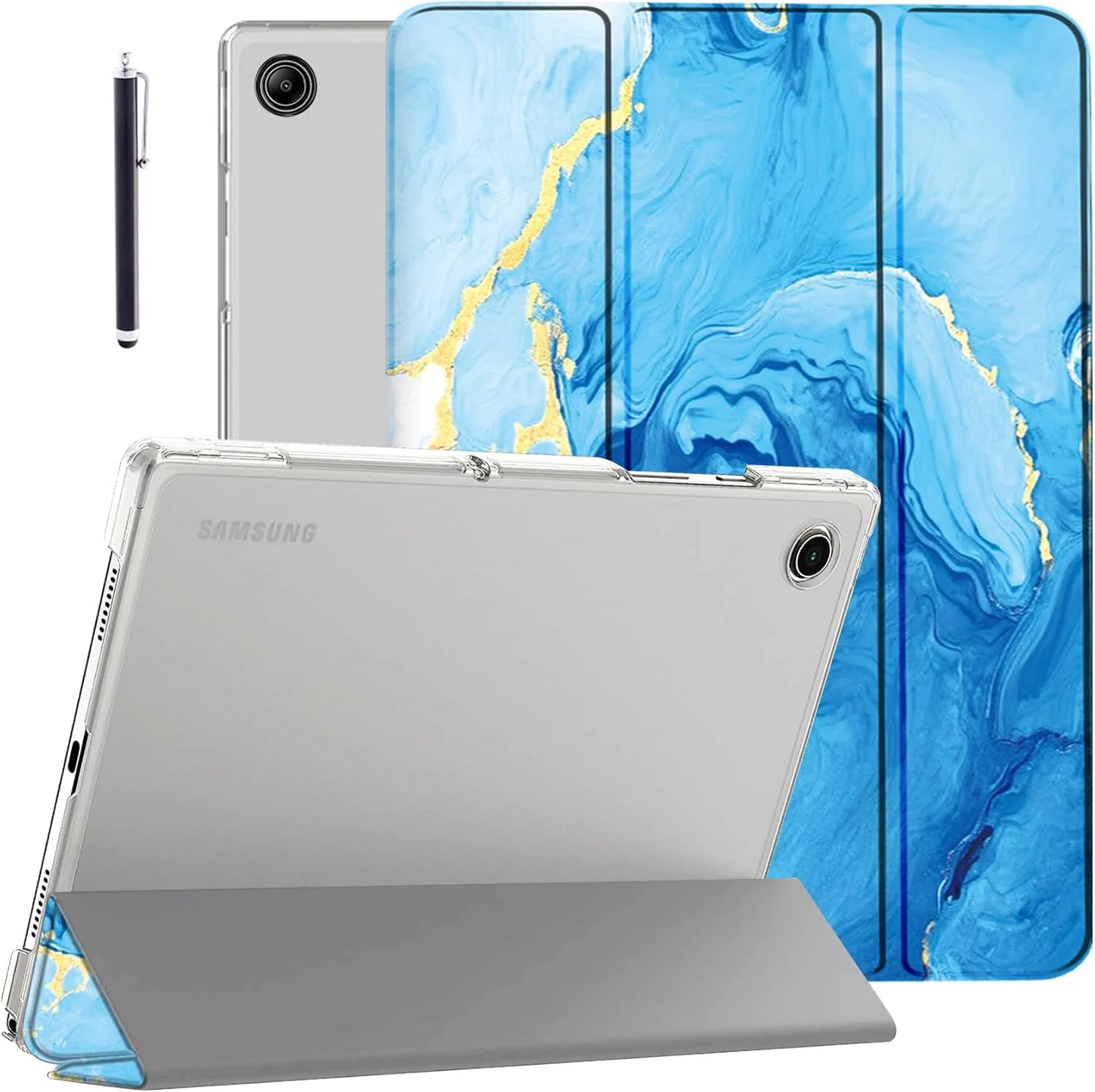 کاور محافظ تبلت سامسونگ Tab A9 Plus سایز 11 اینچ، کاور تاشو برای تبلت سامسونگ گلکسی Tab A9 Plus / کاور تبلت Tab A9+ با پشت شفاف [پشتیبانی از حالت خواب و بیدار شدن خودکار] - آبی اقیانوسی