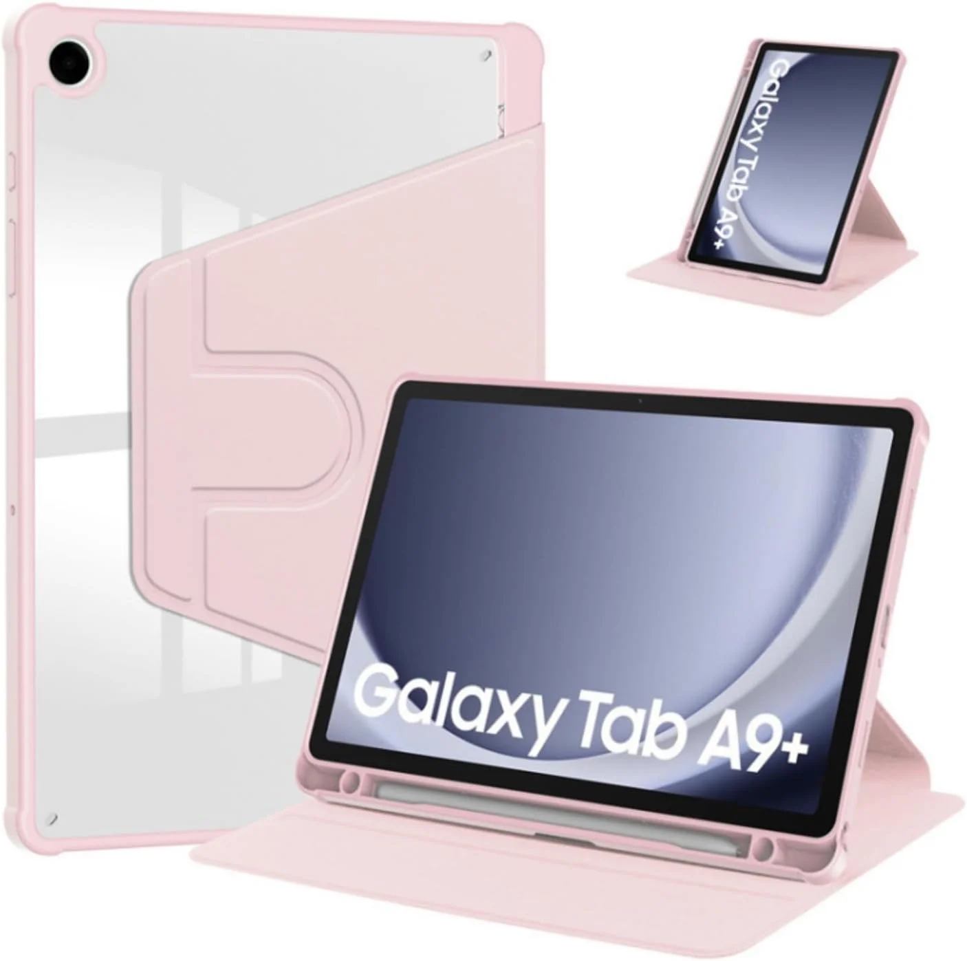 QIXUZENI Case Compatible with Samsung Galaxy Tab A9 Plus 11 Inch 2023 Cover, Clear Acrylic Multi-Angle Hard PC Case with Pen Holder Protective Stand Cover Clear Back, Auto Wake/Sleep (PINK)