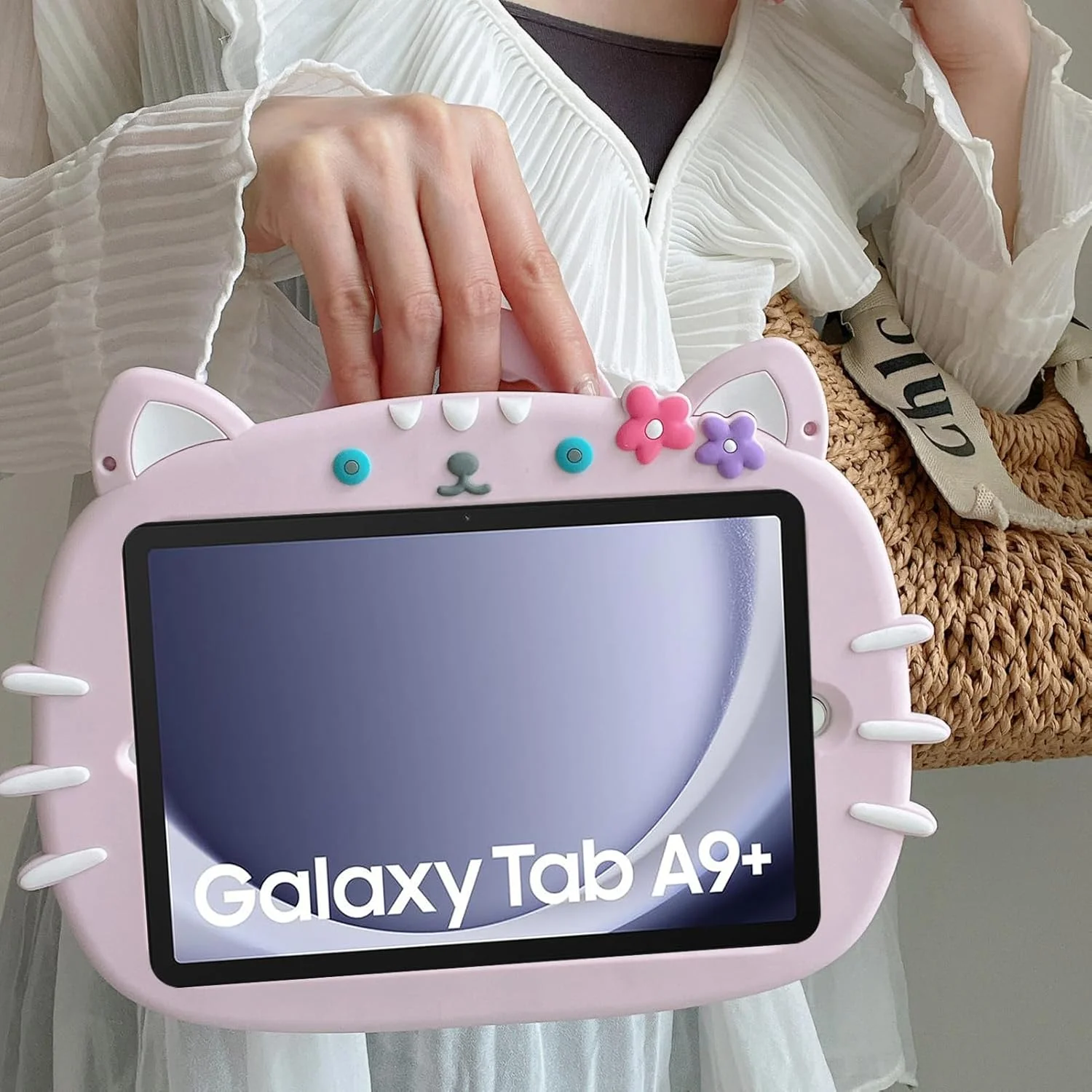کیف محافظ کودکانه ZOOMALL برای تبلت سامسونگ گلکسی تب A9 پلاس 11 اینچ 2023 (X210 X216B X218U)، کاور محافظ ضد ضربه [دسته چرخان 360 درجه] [پایه تاشو] [بند شانه]، طرح گربه