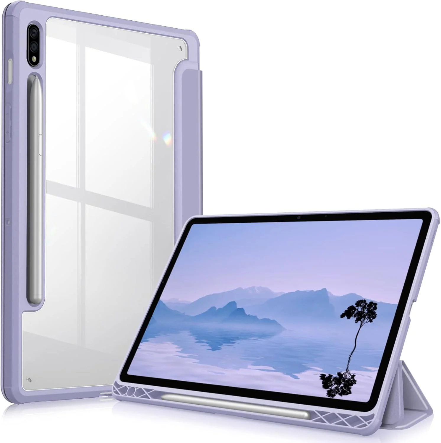 کیف باریک ترکیبی Fintie برای تبلت سامسونگ گلکسی تب S8/Tab S7 11 اینچ (مدل SM-X700/X706/T870/T875/T878) با نگهدارنده قلم S، روکش ضد ضربه با پوسته پشتی شفاف، یاسی بنفش