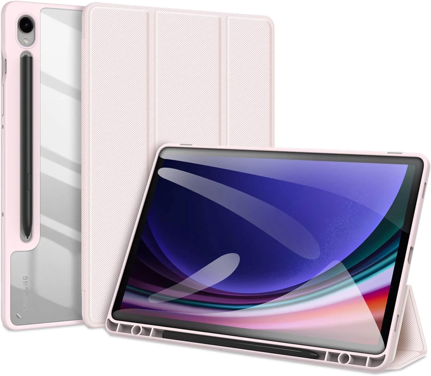 کاور تبلت سامسونگ گلکسی تب S9 (X710/X716B) / S9 FE (X510/X516B) سری DUX DUCIS [Toby]، محافظ سه لایه با پشت شفاف و قابلیت بیدار/خواب خودکار، دارای جای قلم - صورتی
