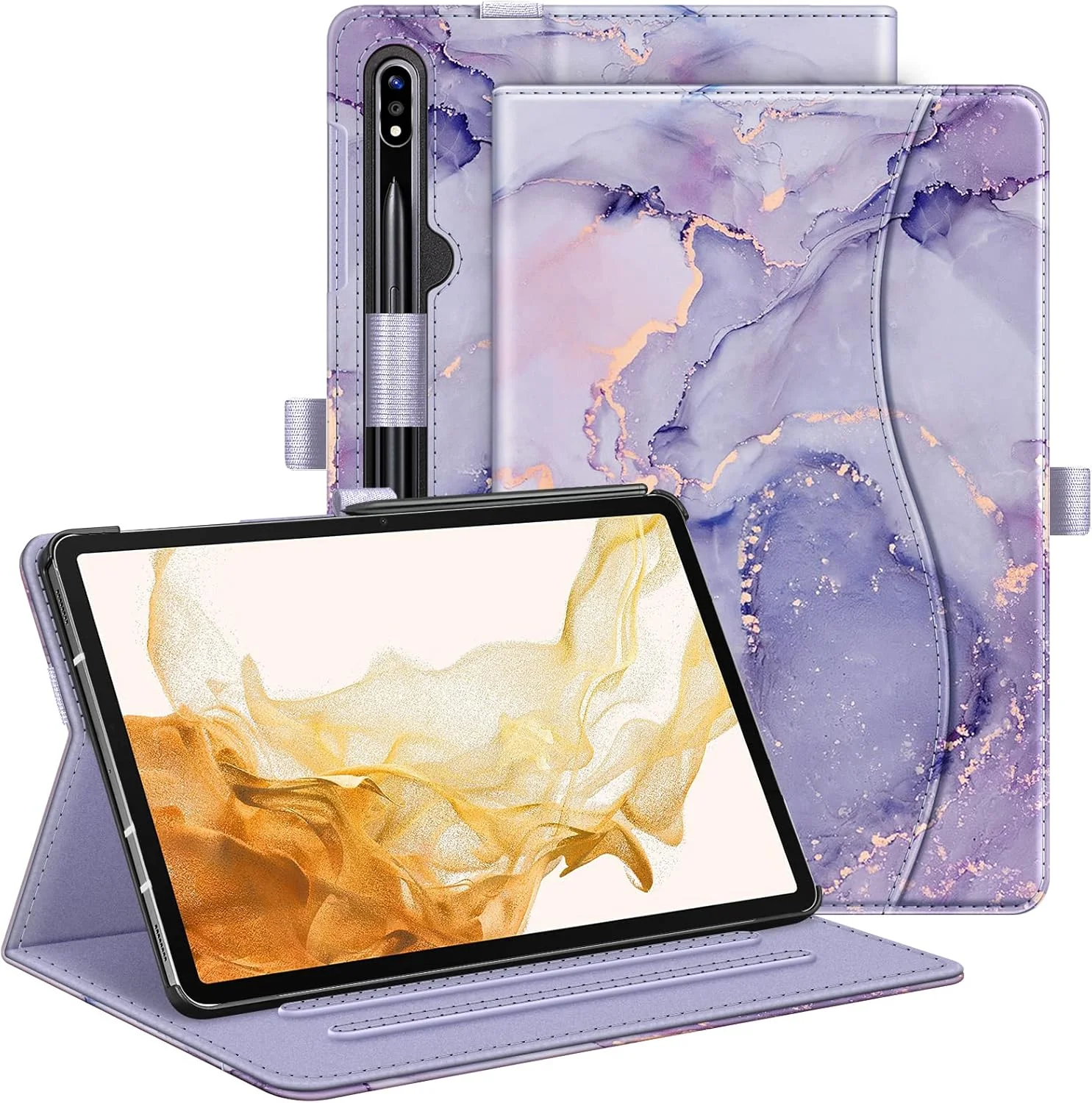 کیف محافظ Fintie برای تبلت سامسونگ گلکسی تب S9 پلاس 2023/S8 پلاس 2022/S7 FE 2021/S7 پلاس 2020 سایز 12.4 اینچ، کاور محافظ چند زاویه ای با جیب، قابلیت خواب/بیدار شدن خودکار، طرح سنگ مرمر یاسی