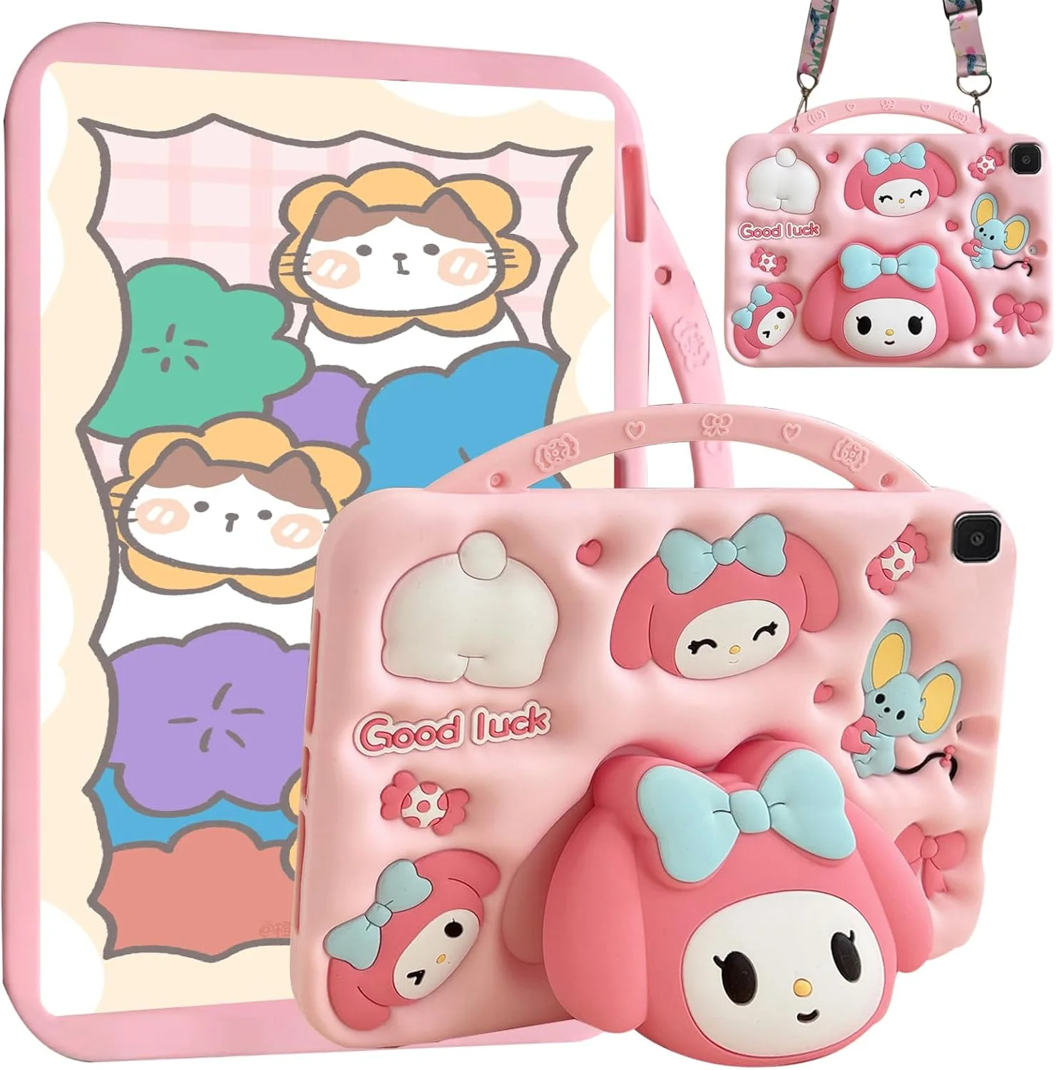 کیف محافظ کودکانه A-BEAUTY سازگار با تبلت سامسونگ گلکسی تب A7 لایت 8.7 اینچ (SM-T220 /T225 /T227)، کاور سیلیکونی ضد ضربه با طرح Melody به همراه پایه و بند شانه