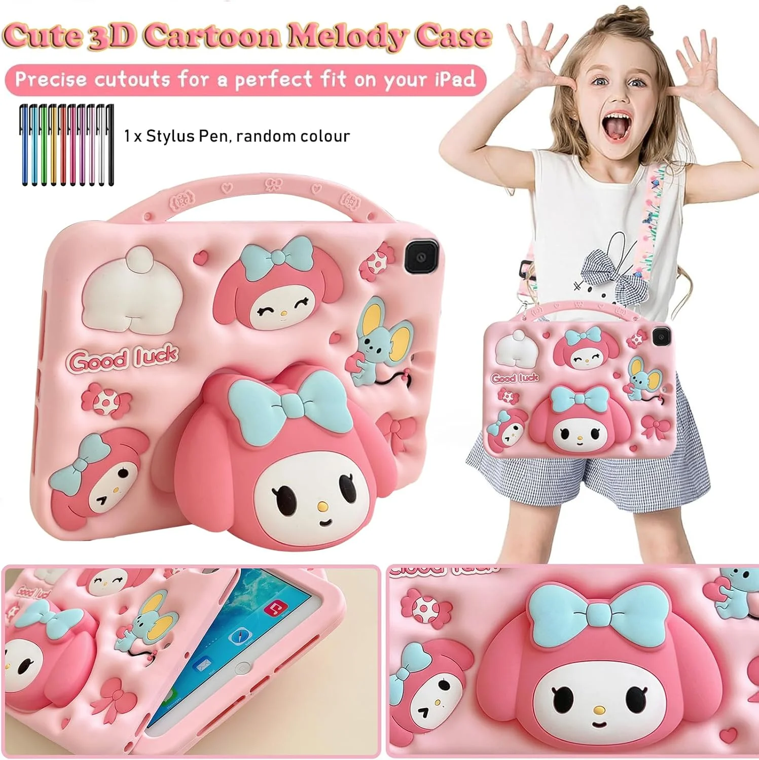 کیف محافظ کودکانه A-BEAUTY سازگار با تبلت سامسونگ گلکسی تب A7 لایت 8.7 اینچ (SM-T220 /T225 /T227)، کاور سیلیکونی ضد ضربه با طرح Melody به همراه پایه و بند شانه