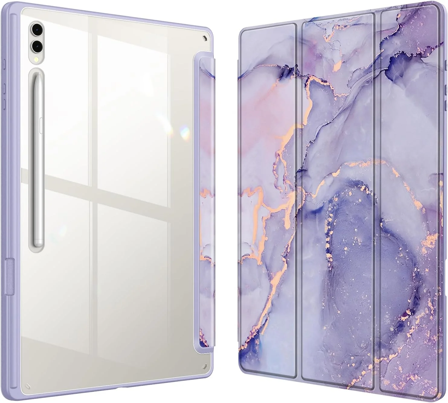 کاور باریک هیبریدی Fintie مناسب برای تبلت سامسونگ گلکسی تب S10 Ultra 2024 / S9 Ultra 2023 سایز 14.6 اینچ، کاور ضد ضربه با پشت شفاف، طرح سنگ مرمر یاسی