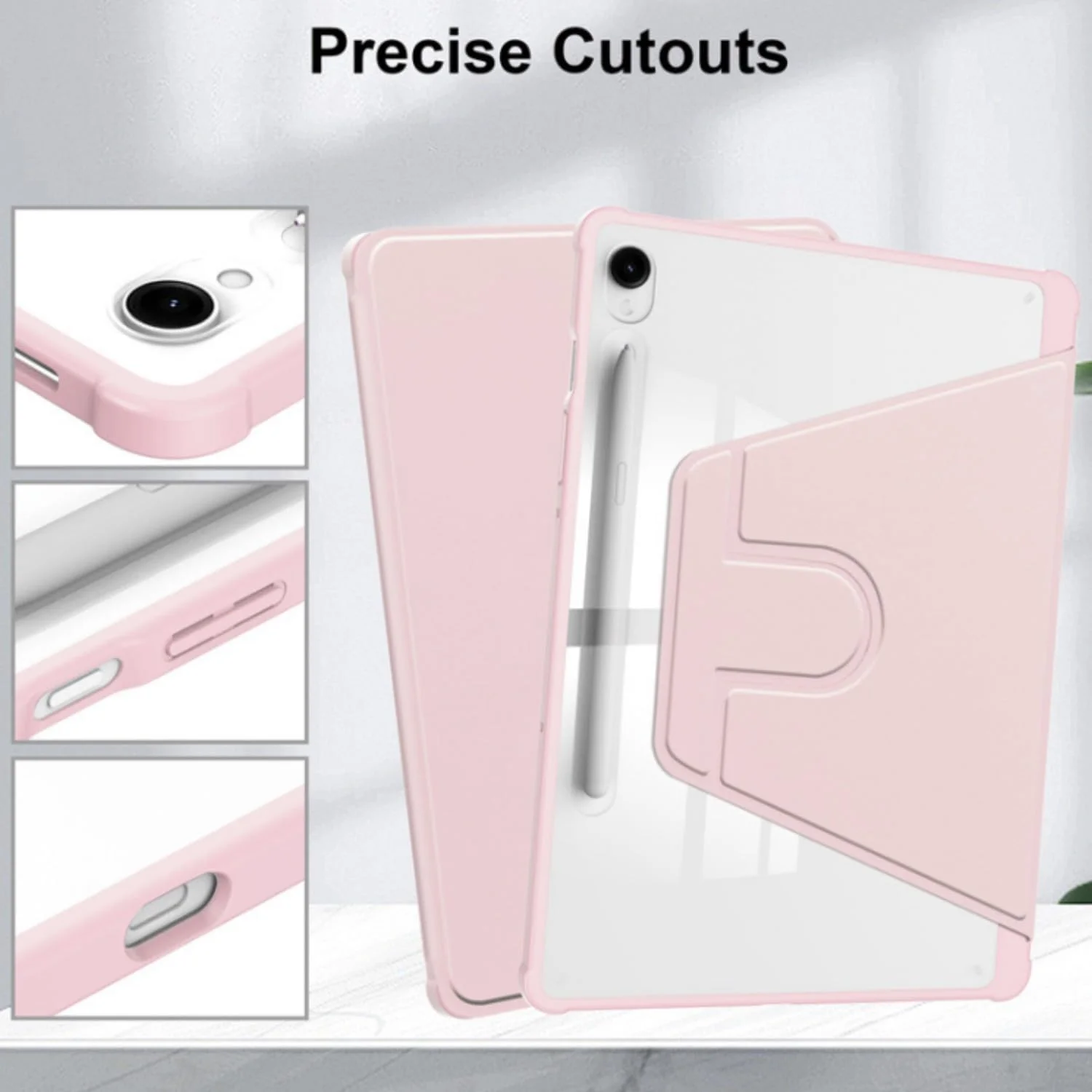 کیف محافظ تبلت QIXUZENI سازگار با Samsung Galaxy Tab S9 FE+ / S9 FE Plus 12.4 اینچی، قاب PC سخت اکریلیک شفاف چند زاویه ای با جای قلم، پوشش محافظ استند با پشت شفاف، بیدار/خواب خودکار (صورتی)