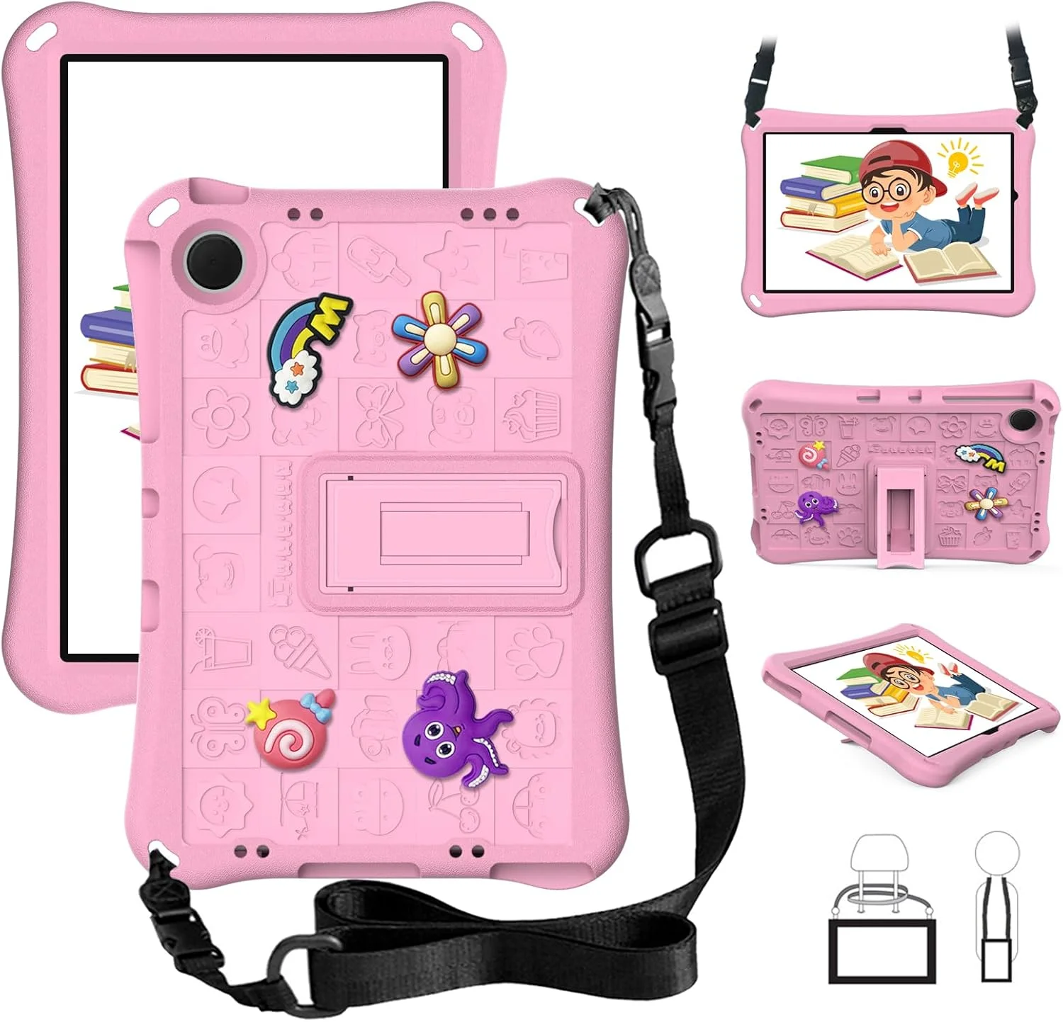 کیف تبلت کودکانه QIXUZENI سازگار با تبلت سامسونگ گلکسی تب A9 8.7 اینچی، روکش محافظ سبک و مقاوم در برابر ضربه با پایه دسته، طراحی زیبا و سرگرم‌کننده، بند شانه‌ای و پایه دسته (صورتی)