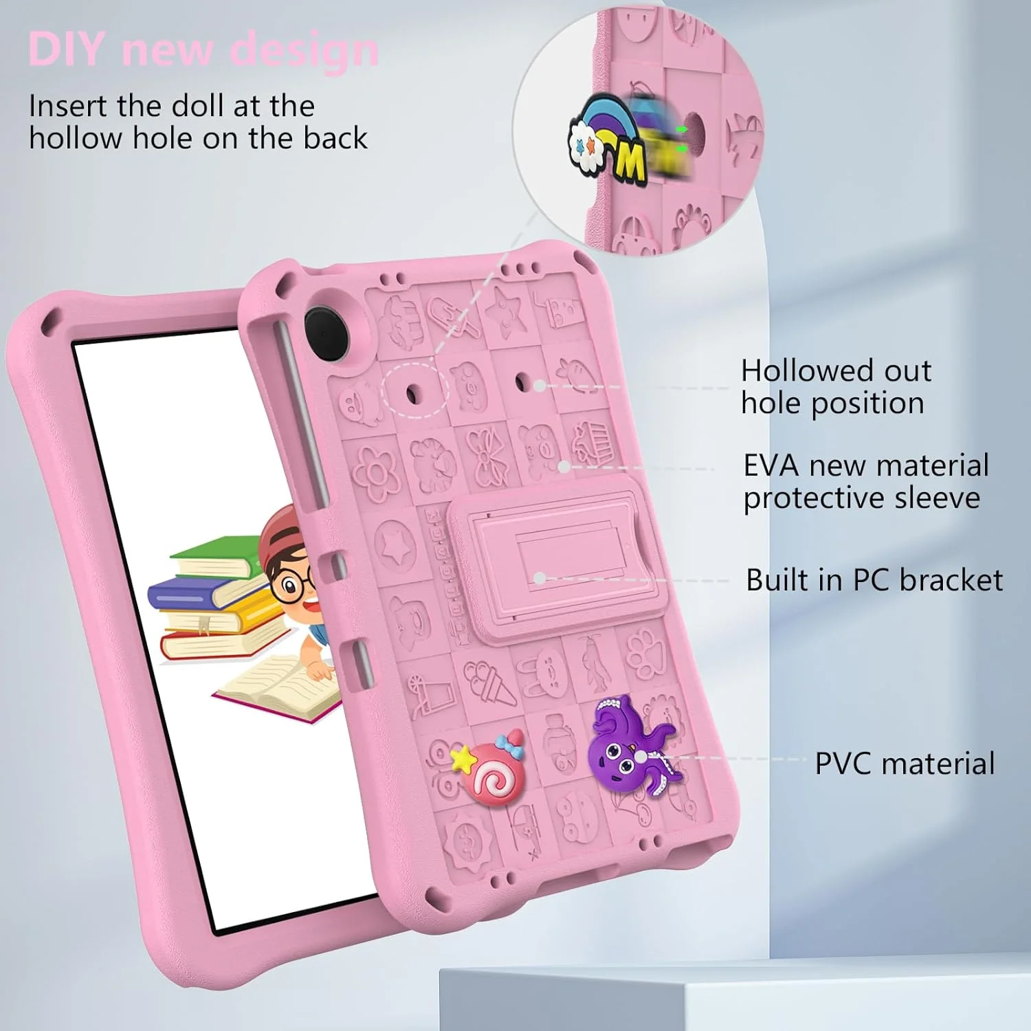 کیف تبلت کودکانه QIXUZENI سازگار با تبلت سامسونگ گلکسی تب A9 8.7 اینچی، روکش محافظ سبک و مقاوم در برابر ضربه با پایه دسته، طراحی زیبا و سرگرم‌کننده، بند شانه‌ای و پایه دسته (صورتی)