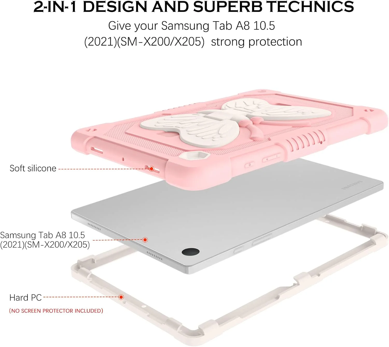 قاب تبلت YINLAI برای گلکسی تب A8 10.5 اینچ، قاب محافظ تبلت ضد ضربه با پایه پروانه ای مناسب کودکان، دختران و زنان برای تبلت سامسونگ تب A8 10.5 اینچ 2022 مدل [SM-X200/X205/X207]، صورتی