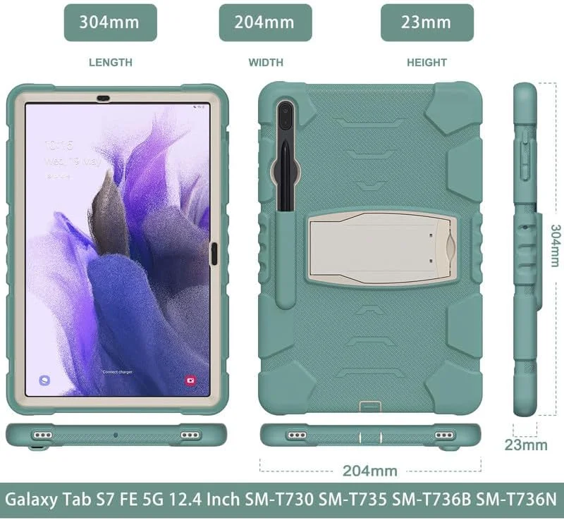 کاور مقاوم و ضد ضربه برای تبلت سامسونگ گلکسی تب 12.4 اینچی S7+/S8 Plus/S7 FE مدل T970/X800/T730 به همراه پایه، سبز