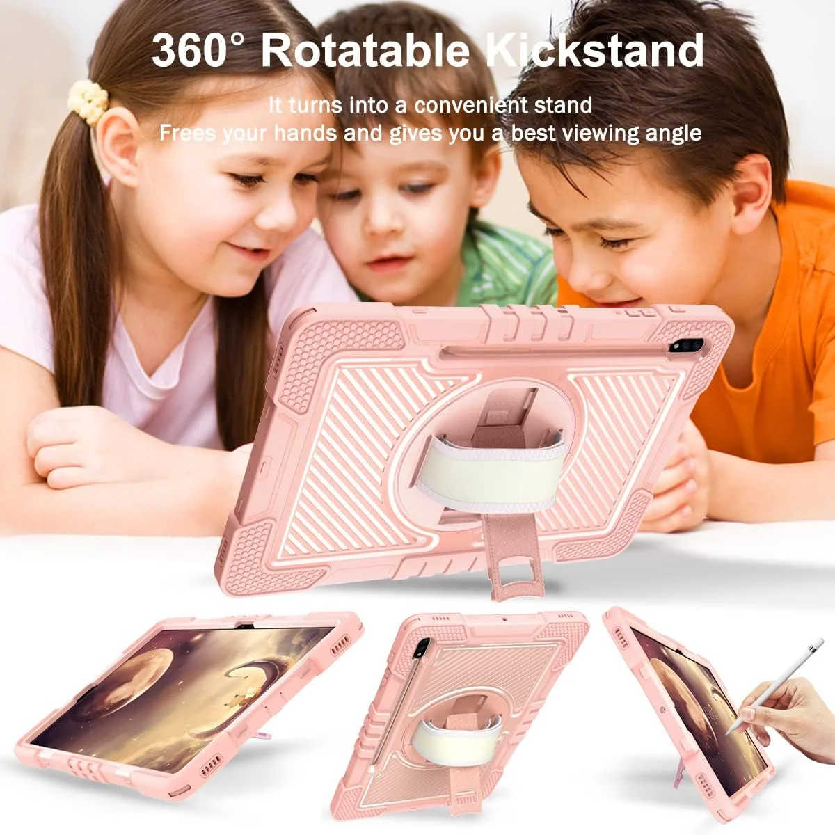 کیف محافظ کودکانه تبلت سامسونگ گلکسی تب S8 پلاس/ S7 FE 5G - دارای استند چرخان 360 درجه، بند دستی، محافظ مقاوم با جای قلم برای تبلت 12.4 اینچی - رزگلد