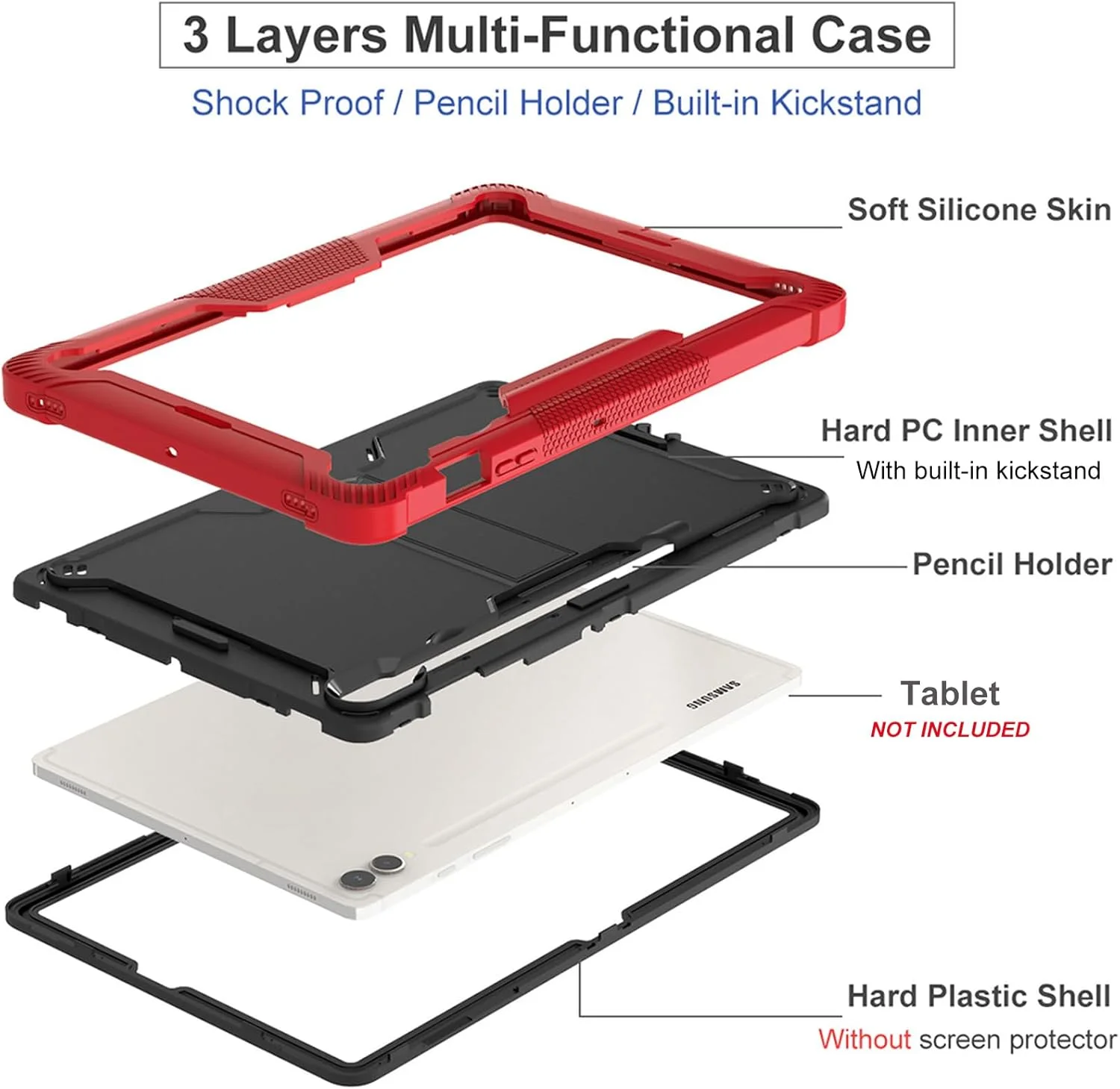 کاور گرواتری سازگار با تبلت سامسونگ گلکسی تب S10+/S10 پلاس 12.4 اینچ 2024 (SM-X820/X826B)، کاور محافظ بادوام و مقاوم در برابر ضربه با پایه داخلی (قرمز + مشکی)