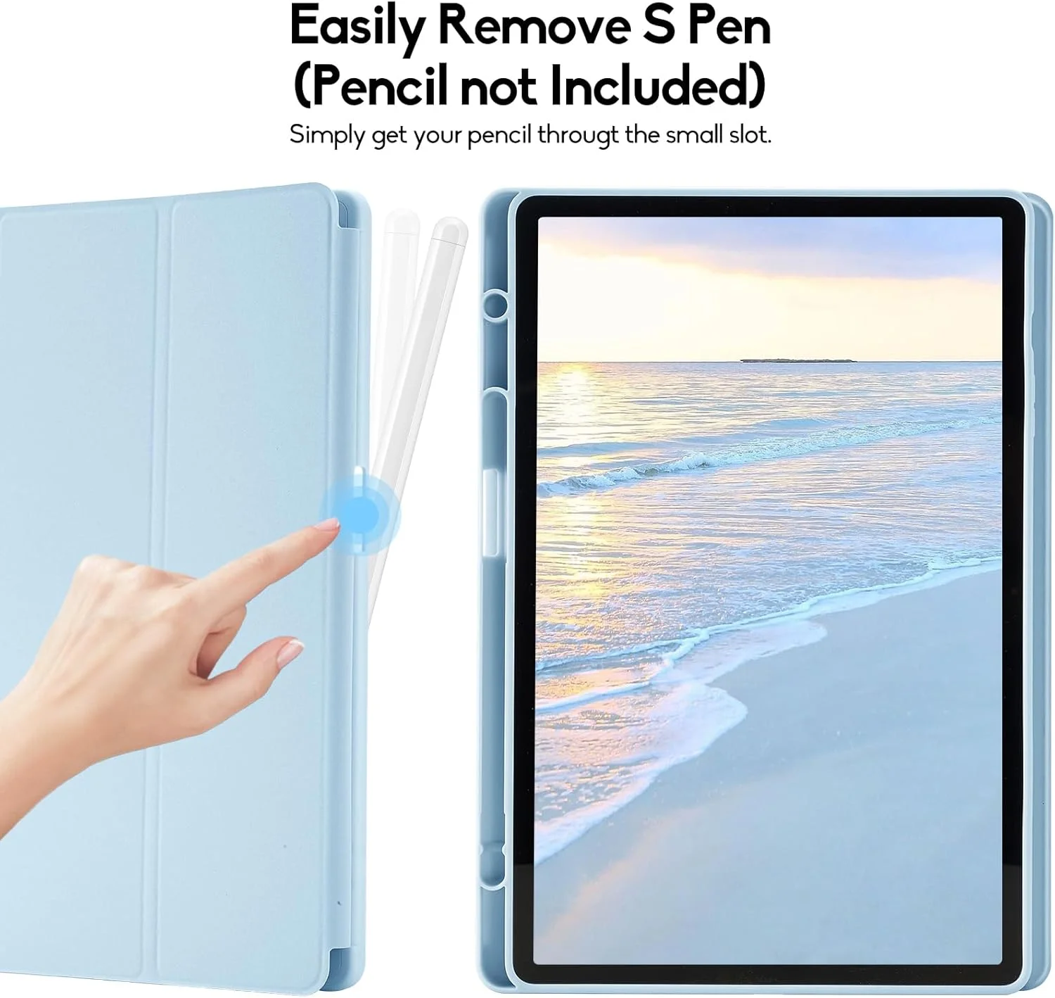 کاور محافظ تبلت سامسونگ گلکسی تب S9 پلاس 12.4 اینچی به همراه جای قلم S Pen، کاور هوشمند سه تایی با پشت TPU نرم، قابلیت خواب/بیدار شدن خودکار، آبی آسمانی