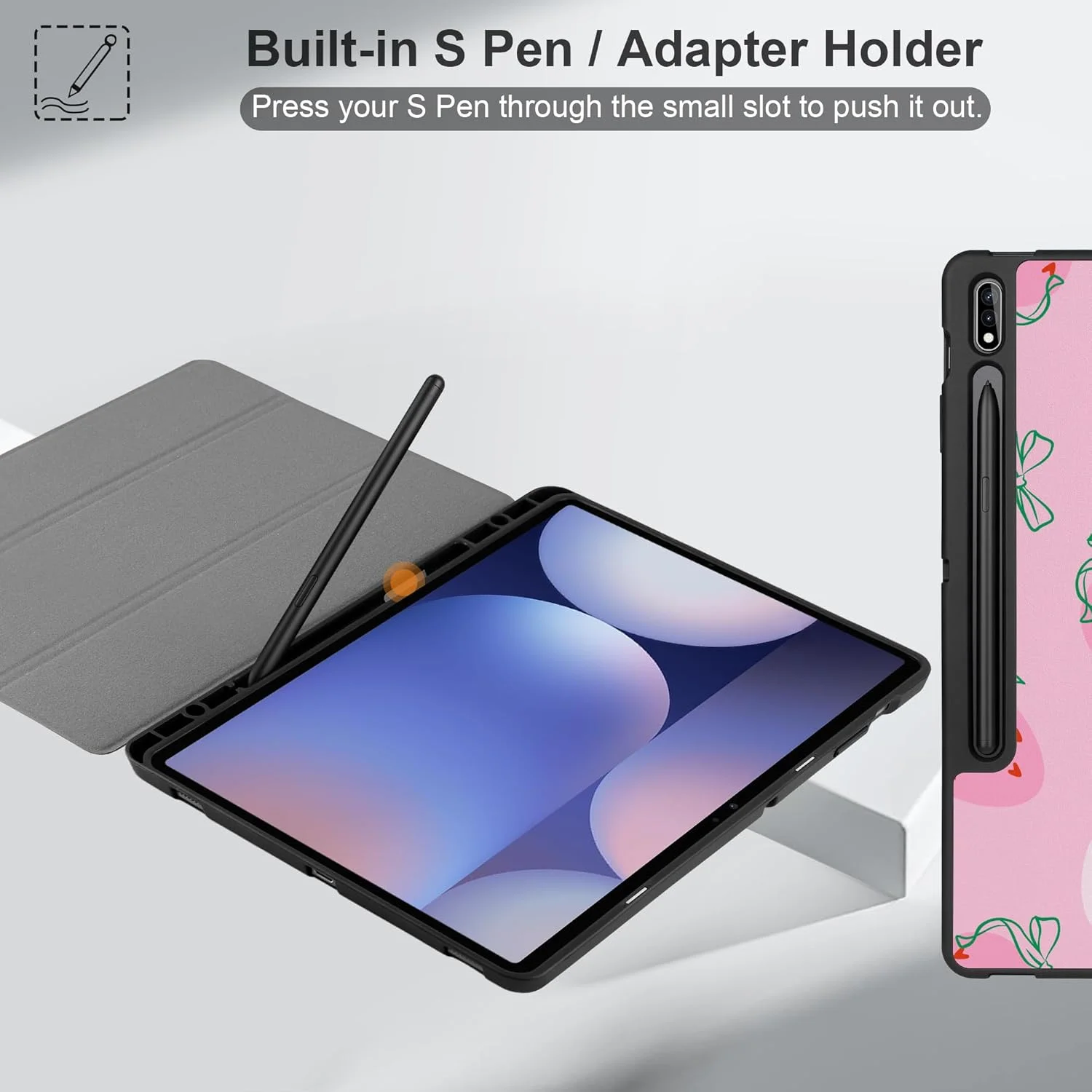 کیف محافظ تبلت MEEgoodo مناسب برای تبلت سامسونگ گلکسی تب S10+ 2024/S9 پلاس/S9 FE پلاس 12.4 اینچ مدل 2023 با جای قلم، کاور تبلت با استند تاشو + بدنه پشتی TPU نرم + قابلیت بیدار شدن/خواب خودکار هوشمند، طرح توت فرنگی و پاپیون کیف محافظ تبلت MEEgoodo مناسب برای تبلت سامسونگ گلکسی تب S10+ 2024/S9 پلاس/S9 FE پلاس 12.4 اینچ مدل 2023 با جای قلم، کاور تبلت با استند تاشو + بدنه پشتی TPU نرم + قابلیت بیدار شدن/خواب خودکار هوشمند، طرح توت فرنگی و پاپیون