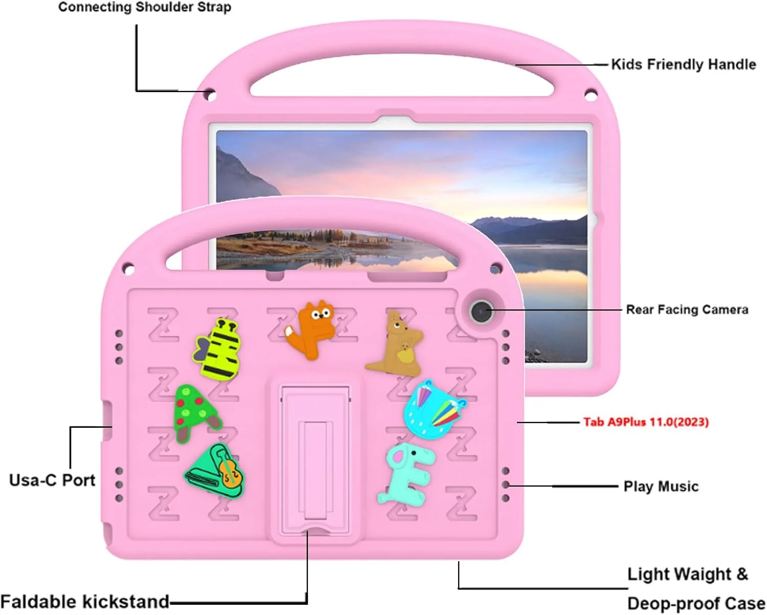 کیف محافظ کودکانه Tujibeay مناسب برای تبلت سامسونگ گلکسی تب A9 پلاس 2023 11 اینچ، سبک وزن، ضد ضربه، با دسته (صورتی)