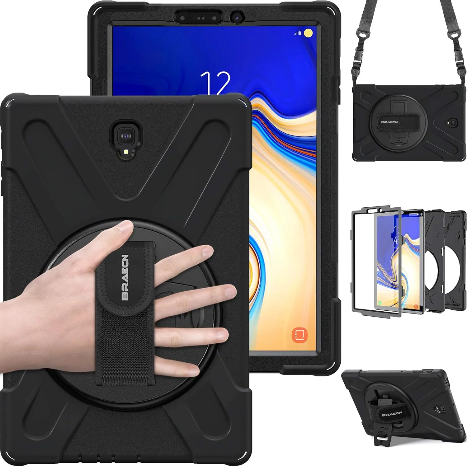 کیف محافظ تبلت سامسونگ گلکسی تب S4 10.5 اینچی BRAECN، مقاوم در برابر ضربه با پایه 360 درجه/بند دستی و بند شانه برای حمل، مناسب برای تبلت سامسونگ گلکسی تب S4 10.5 اینچ 2018 مدل SM-T830/T835/T837 (مشکی)