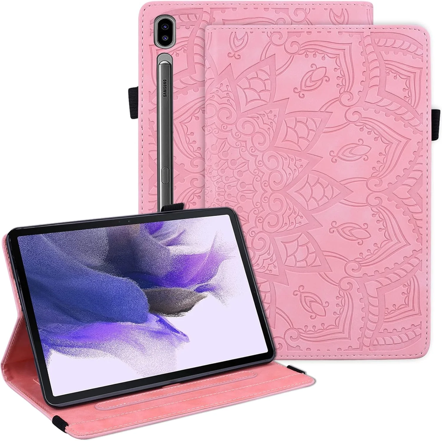 کیف محافظ تبلت Dteck Galaxy Tab S10+ 2024/S9 Plus 2023، کیف Galaxy Tab S8+/S7+/S7 FE با سایز 12.4 اینچ، جلد چرمی PU منقش ماندالا، پایه دار، پوشش نرم، باریک، سبک وزن، دارای کش الاستیک محافظ و جای کارت، صورتی