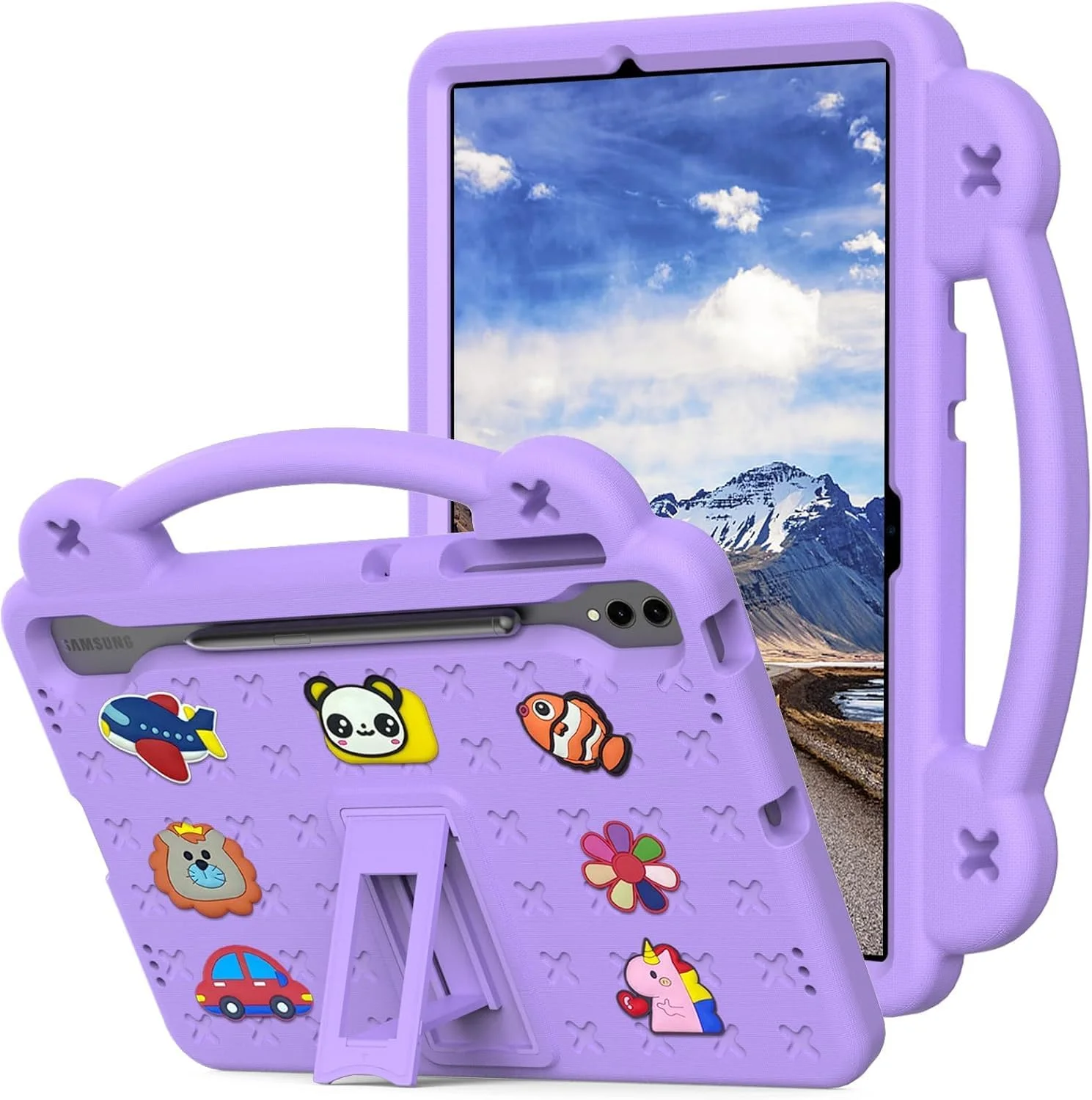 کیف محافظ کودکانه Jarttarn مناسب برای تبلت سامسونگ گلکسی تب S9 FE+ (12.4 اینچ) مدل SM-X610 / SM-X616B، کاور مقاوم در برابر ضربه فوم EVA سنگین، کیف ضد ضربه کودکانه با پایه (بنفش)