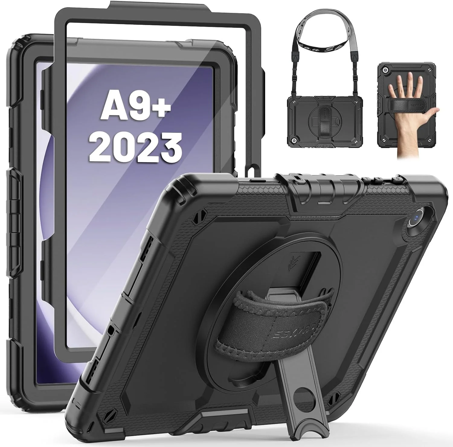 کاور محافظ تبلت سامسونگ گلکسی تب A9 پلاس 11 اینچ 2023 مدل SEYMAC، ضد ضربه به همراه محافظ صفحه نمایش، استند چرخان 360 درجه، بند دستی، بند شانه و جای قلم، رنگ مشکی