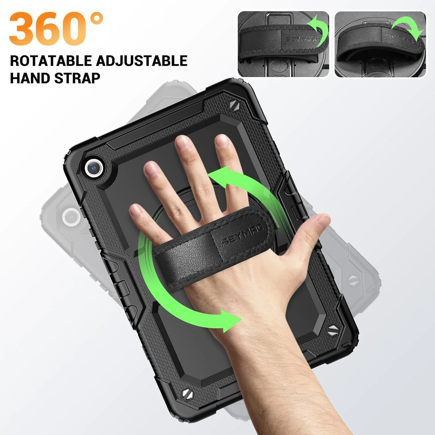 کاور محافظ تبلت سامسونگ گلکسی تب A9 پلاس 11 اینچ 2023 مدل SEYMAC، ضد ضربه به همراه محافظ صفحه نمایش، استند چرخان 360 درجه، بند دستی، بند شانه و جای قلم، رنگ مشکی