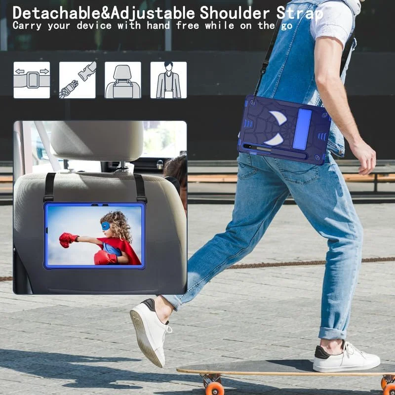 کیف محافظ تبلت نیکاکیو مناسب برای تبلت سامسونگ گلکسی تب S7/S8 سایز 11 اینچ (مدل 2022 و 2020)، مدل T870/T875، مناسب کودکان، دارای پایه نگهدارنده، بند شانه، جای قلم، محافظت کامل سه لایه و ضد ضربه، رنگ آبی تیره