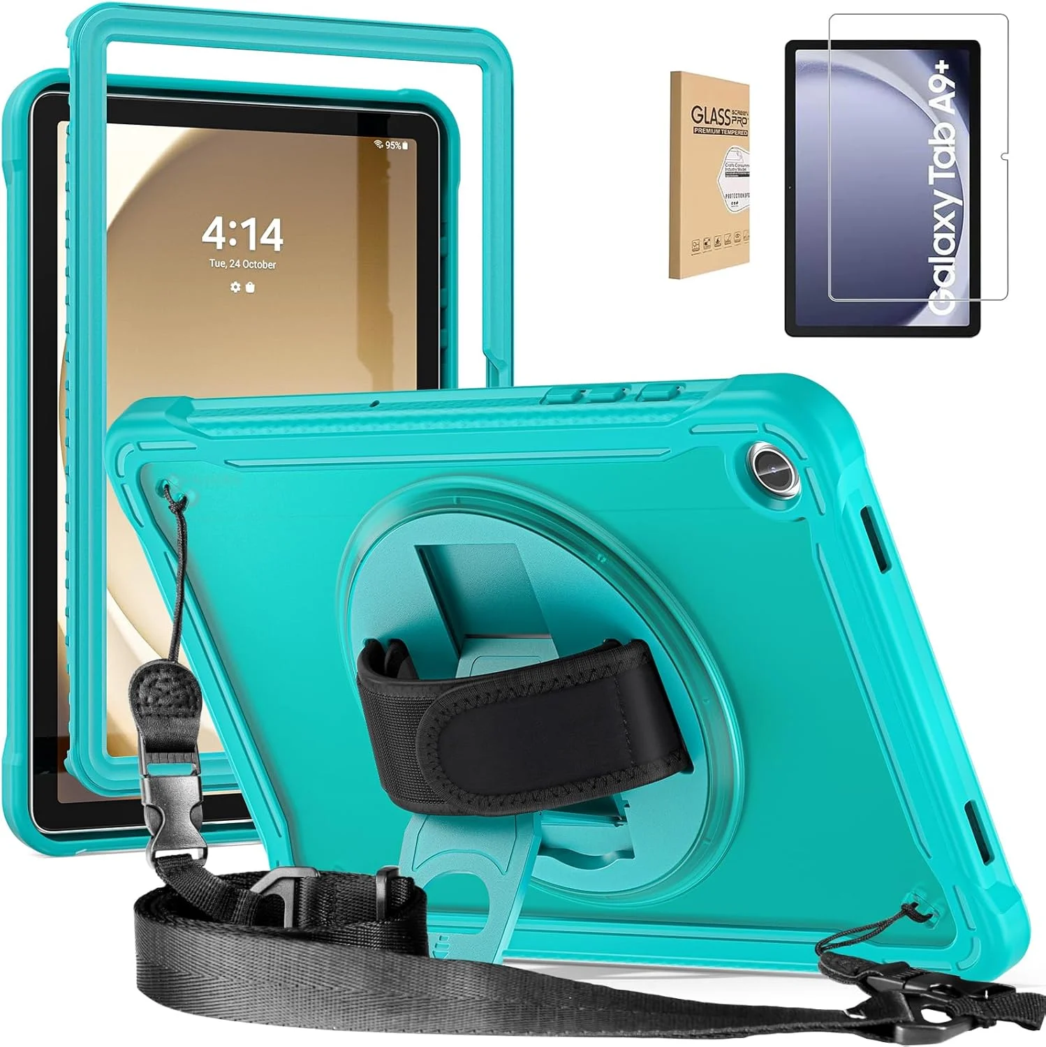 JSUSOU Samsung Galaxy Tab A9 Plus 11'' Case 2023, [Kids Proof] Full Body Protective Case with 9H Tempered Glass Screen Protector, 360° Rotatable Kickstand & Hand Strap (Blue)