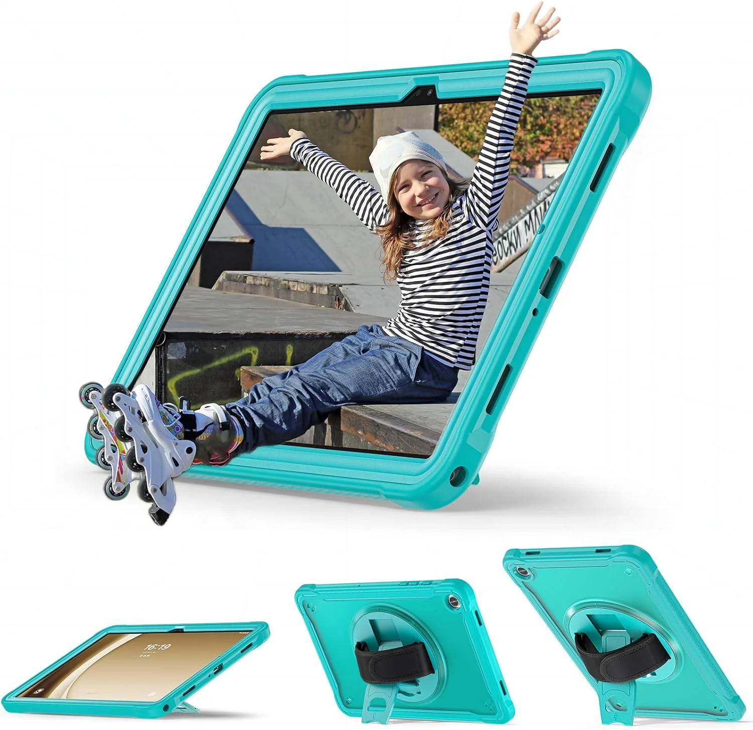 JSUSOU Samsung Galaxy Tab A9 Plus 11'' Case 2023, [Kids Proof] Full Body Protective Case with 9H Tempered Glass Screen Protector, 360° Rotatable Kickstand & Hand Strap (Blue)