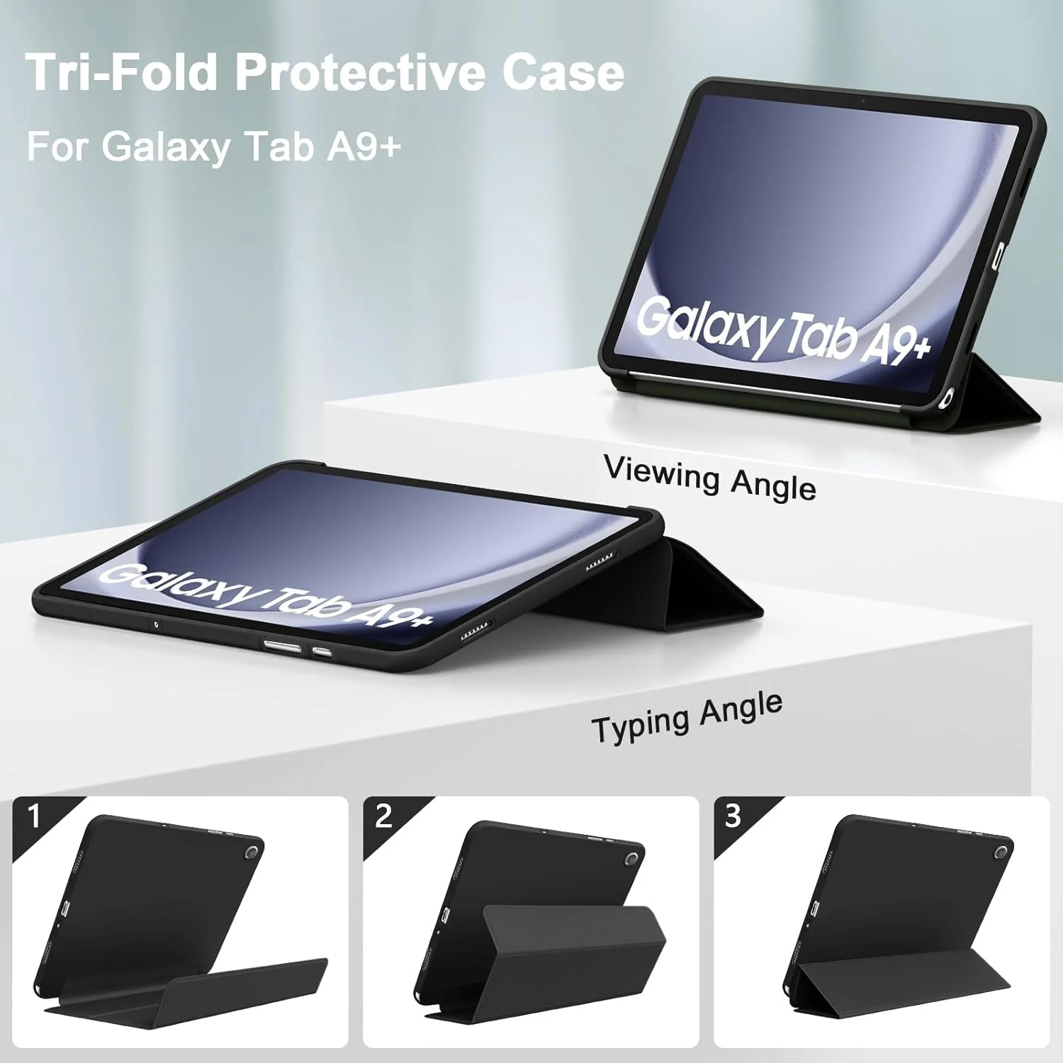 کاور تبلت سامسونگ گلکسی تب A9+/A9 پلاس 11 اینچ 2023، کاور محافظ باریک با قابلیت استند و پشت سخت به همراه قابلیت بیدار/خواب خودکار برای تبلت تب A9 پلاس (SM-X210/X216/X218) (مشکی)