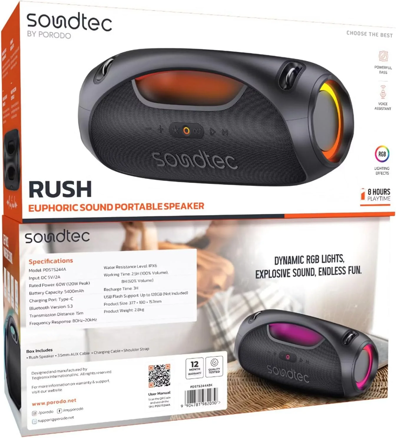 اسپیکر قابل حمل Porodo Soundtec، ظرفیت باتری 5400mAh، 8 ساعت پخش مداوم، دستیار صوتی، فاصله انتقال 15 متری، عملکرد پاوربانک، مقاومت در برابر آب، زمان شارژ 3 ساعته، عملکرد باس عالی اسپیکر قابل حمل Porodo Soundtec، ظرفیت باتری 5400mAh، 8 ساعت پخش مداوم، دستیار صوتی، فاصله انتقال 15 متری، عملکرد پاوربانک، مقاومت در برابر آب، زمان شارژ 3 ساعته، عملکرد باس عالی