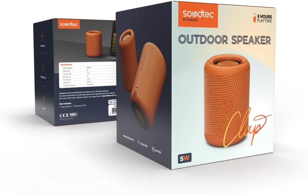 Porodo Soundtec Clap Outdoor Speaker with IPX5 Water Resistant, 8H Working Time, Deep Bass Wireless Bluetooth Portable Speaker (Orange) Porodo Soundtec Clap Outdoor Speaker with IPX5 Water Resistant, 8H Working Time, Deep Bass Wireless Bluetooth Portable Speaker (Orange)