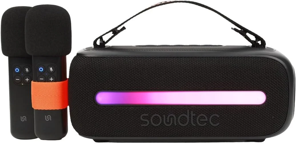 Porodo Soundtec 24W Speaker with Dual Wireless Microphone, BT V5.3, Stereo Sound, Deep Bass, FM Functions, Multi-Function Buttons, RGB Light, USB Playback, for Karaoke, Singing, Music Playing - Black