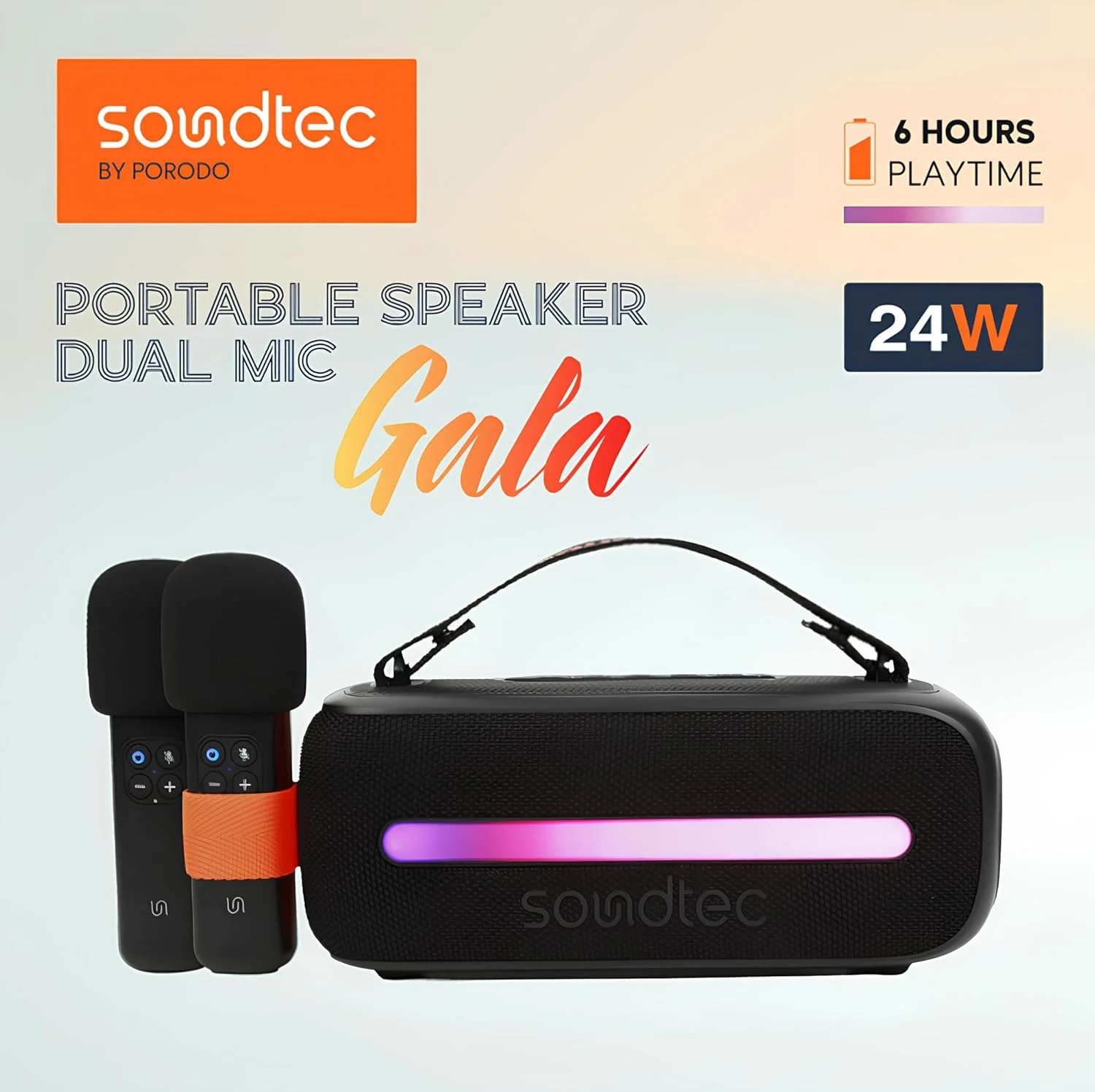 Porodo Soundtec 24W Speaker with Dual Wireless Microphone, BT V5.3, Stereo Sound, Deep Bass, FM Functions, Multi-Function Buttons, RGB Light, USB Playback, for Karaoke, Singing, Music Playing - Black Porodo Soundtec 24W Speaker with Dual Wireless Microphone, BT V5.3, Stereo Sound, Deep Bass, FM Functions, Multi-Function Buttons, RGB Light, USB Playback, for Karaoke, Singing, Music Playing - Black