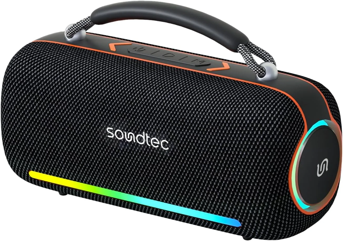 اسپیکر بلوتوثی قابل حمل پورودو Soundtec Sonify، اسپیکر بی سیم 30 واتی با چراغ های RGB، ضد آب IPX5، رادیو FM و 5.5 ساعت پخش، دسته نگهدارنده، اسلات کارت TF، AUX، فلش USB، برای فضای باز، مهمانی و خانه