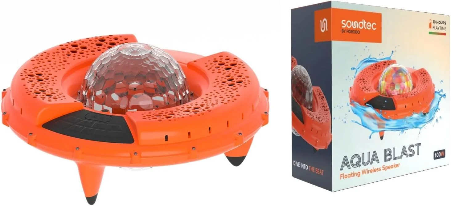 اسپیکر بلوتوث شناور LED دیسکو Soundtec Porodo، اسپیکر دوشی، اسپیکر مهمانی استخر، مقاوم در برابر آب IP67، باتری 24000 میلی آمپر ساعت، 6 ساعت پخش با حداکثر صدا، چراغ های LED رنگی، بیس و تریبل قدرتمند