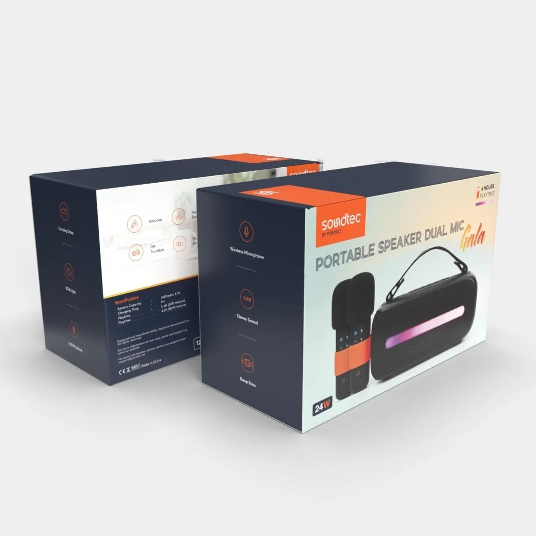 Porodo Soundtec 24W Speaker with Dual Wireless Microphone, BT V5.3, Stereo Sound, Deep Bass, FM Functions, Multi-Function Buttons, RGB Light, USB Playback, for Karaoke, Singing, Music Playing - Black Porodo Soundtec 24W Speaker with Dual Wireless Microphone, BT V5.3, Stereo Sound, Deep Bass, FM Functions, Multi-Function Buttons, RGB Light, USB Playback, for Karaoke, Singing, Music Playing - Black