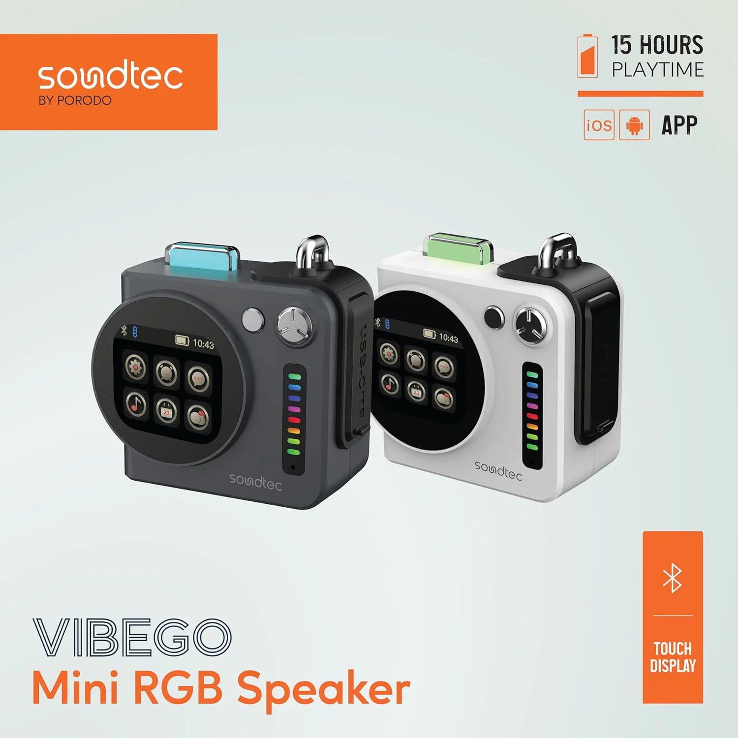 اسپیکر مینی RGB پوردو VIBEGO، 15 ساعت پخش، صفحه نمایش لمسی، 15 متر فاصله کاری، باتری 2000 میلی آمپر ساعتی، نورپردازی RGB، صفحه نمایش 2.64 اینچی، اسلات Micro SD، برنامه iOS و Android (سفید) اسپیکر مینی RGB پوردو VIBEGO، 15 ساعت پخش، صفحه نمایش لمسی، 15 متر فاصله کاری، باتری 2000 میلی آمپر ساعتی، نورپردازی RGB، صفحه نمایش 2.64 اینچی، اسلات Micro SD، برنامه iOS و Android (سفید)