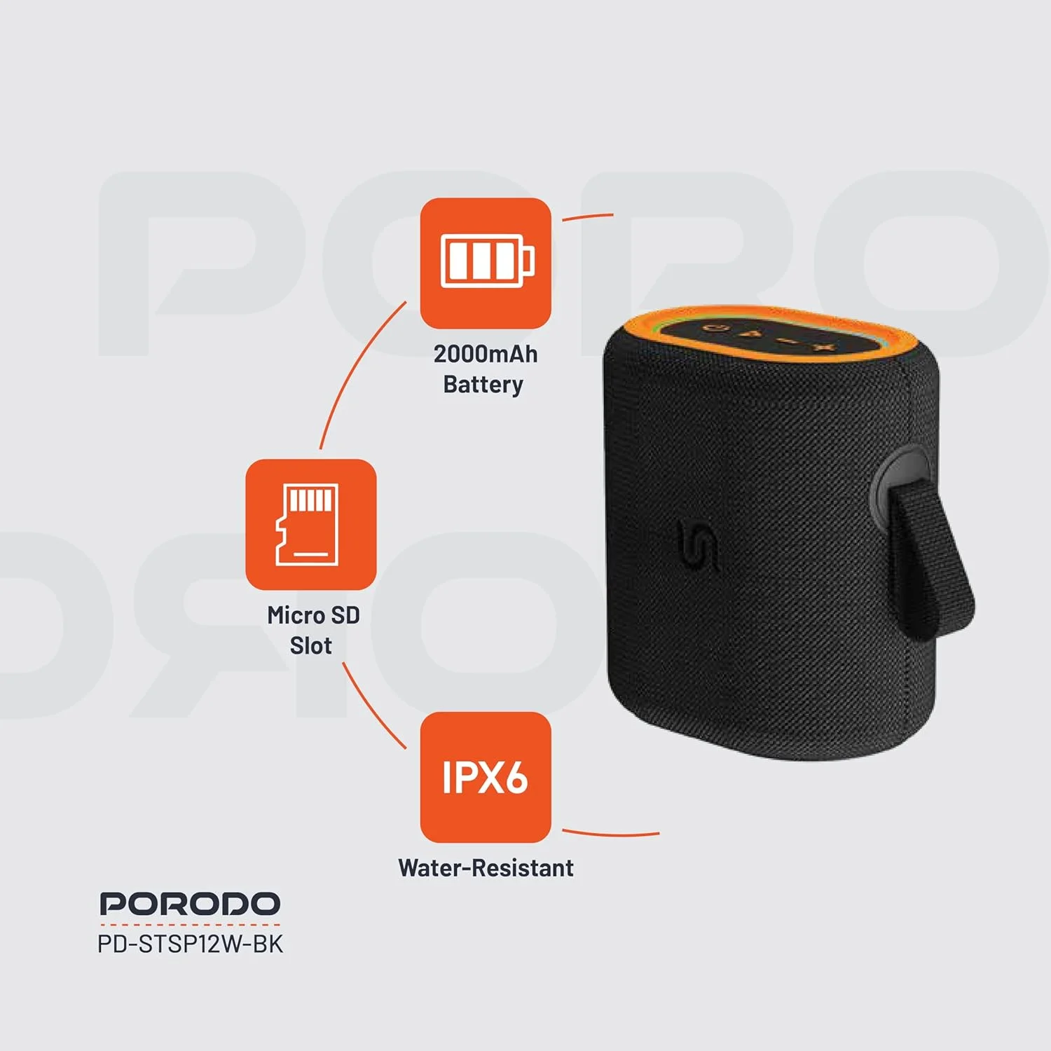 اسپیکر قابل حمل Porodo Soundtec Rave با 8 ساعت پخش موسیقی، حداکثر توان خروجی 12 وات، باتری 2000 میلی آمپر ساعت، بلوتوث 5.3، برد انتقال 10 متر، کارت حافظه Micro SD، مقاوم در برابر آب IPX6، شارژ Type-C - مشکی اسپیکر قابل حمل Porodo Soundtec Rave با 8 ساعت پخش موسیقی، حداکثر توان خروجی 12 وات، باتری 2000 میلی آمپر ساعت، بلوتوث 5.3، برد انتقال 10 متر، کارت حافظه Micro SD، مقاوم در برابر آب IPX6، شارژ Type-C - مشکی