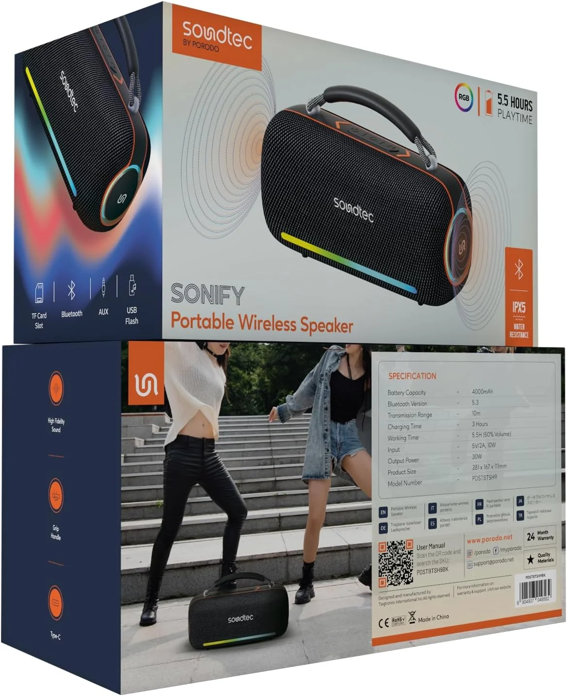 اسپیکر بلوتوثی قابل حمل پورودو Soundtec Sonify، اسپیکر بی سیم 30 واتی با چراغ های RGB، ضد آب IPX5، رادیو FM و 5.5 ساعت پخش، دسته نگهدارنده، اسلات کارت TF، AUX، فلش USB، برای فضای باز، مهمانی و خانه اسپیکر بلوتوثی قابل حمل پورودو Soundtec Sonify، اسپیکر بی سیم 30 واتی با چراغ های RGB، ضد آب IPX5، رادیو FM و 5.5 ساعت پخش، دسته نگهدارنده، اسلات کارت TF، AUX، فلش USB، برای فضای باز، مهمانی و خانه