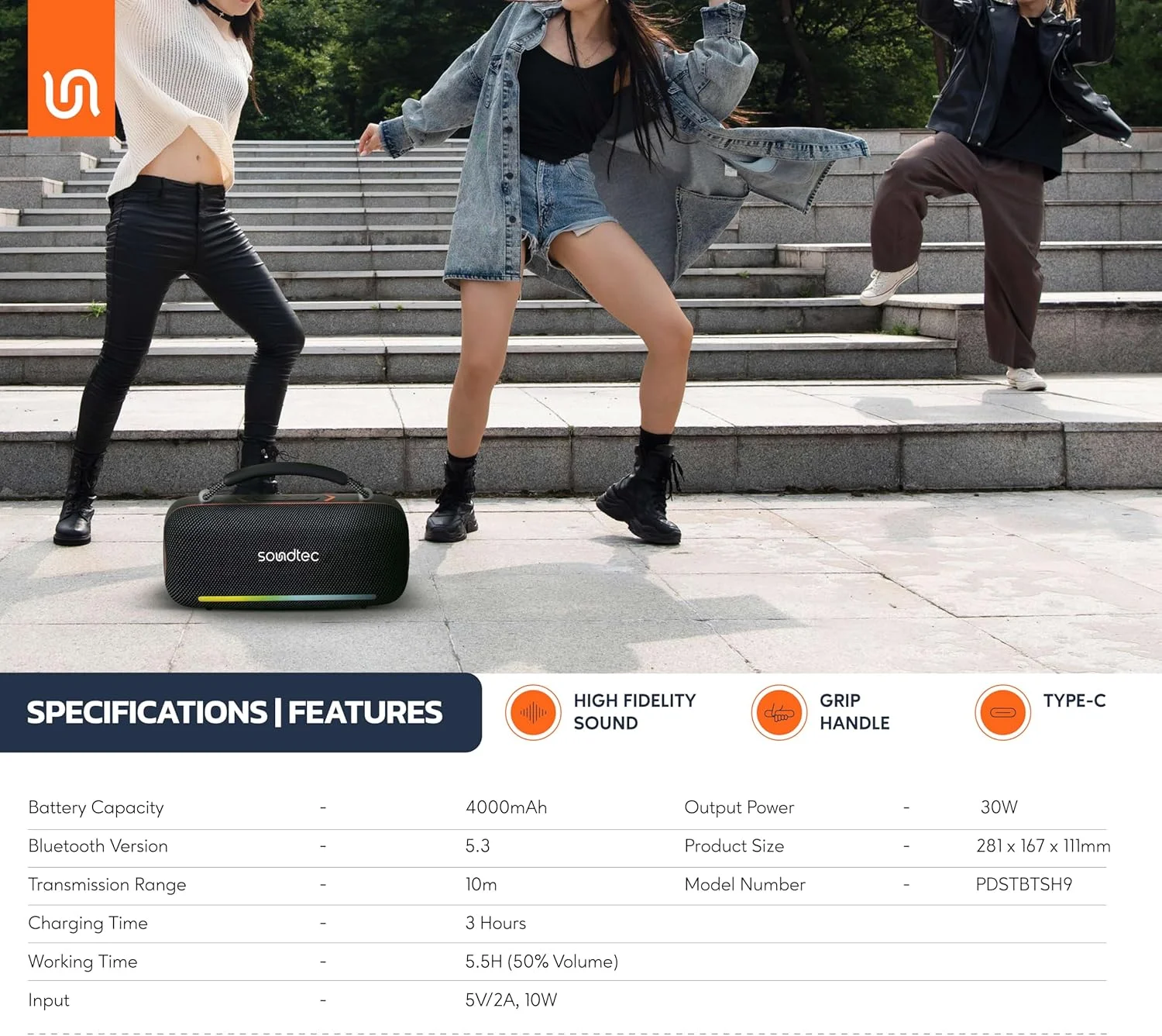 اسپیکر بلوتوثی قابل حمل پورودو Soundtec Sonify، اسپیکر بی سیم 30 واتی با چراغ های RGB، ضد آب IPX5، رادیو FM و 5.5 ساعت پخش، دسته نگهدارنده، اسلات کارت TF، AUX، فلش USB، برای فضای باز، مهمانی و خانه اسپیکر بلوتوثی قابل حمل پورودو Soundtec Sonify، اسپیکر بی سیم 30 واتی با چراغ های RGB، ضد آب IPX5، رادیو FM و 5.5 ساعت پخش، دسته نگهدارنده، اسلات کارت TF، AUX، فلش USB، برای فضای باز، مهمانی و خانه