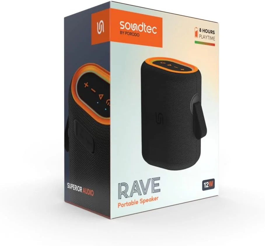 اسپیکر قابل حمل Porodo Soundtec Rave با 8 ساعت پخش موسیقی، حداکثر توان خروجی 12 وات، باتری 2000 میلی آمپر ساعت، بلوتوث 5.3، برد انتقال 10 متر، کارت حافظه Micro SD، مقاوم در برابر آب IPX6، شارژ Type-C - مشکی اسپیکر قابل حمل Porodo Soundtec Rave با 8 ساعت پخش موسیقی، حداکثر توان خروجی 12 وات، باتری 2000 میلی آمپر ساعت، بلوتوث 5.3، برد انتقال 10 متر، کارت حافظه Micro SD، مقاوم در برابر آب IPX6، شارژ Type-C - مشکی
