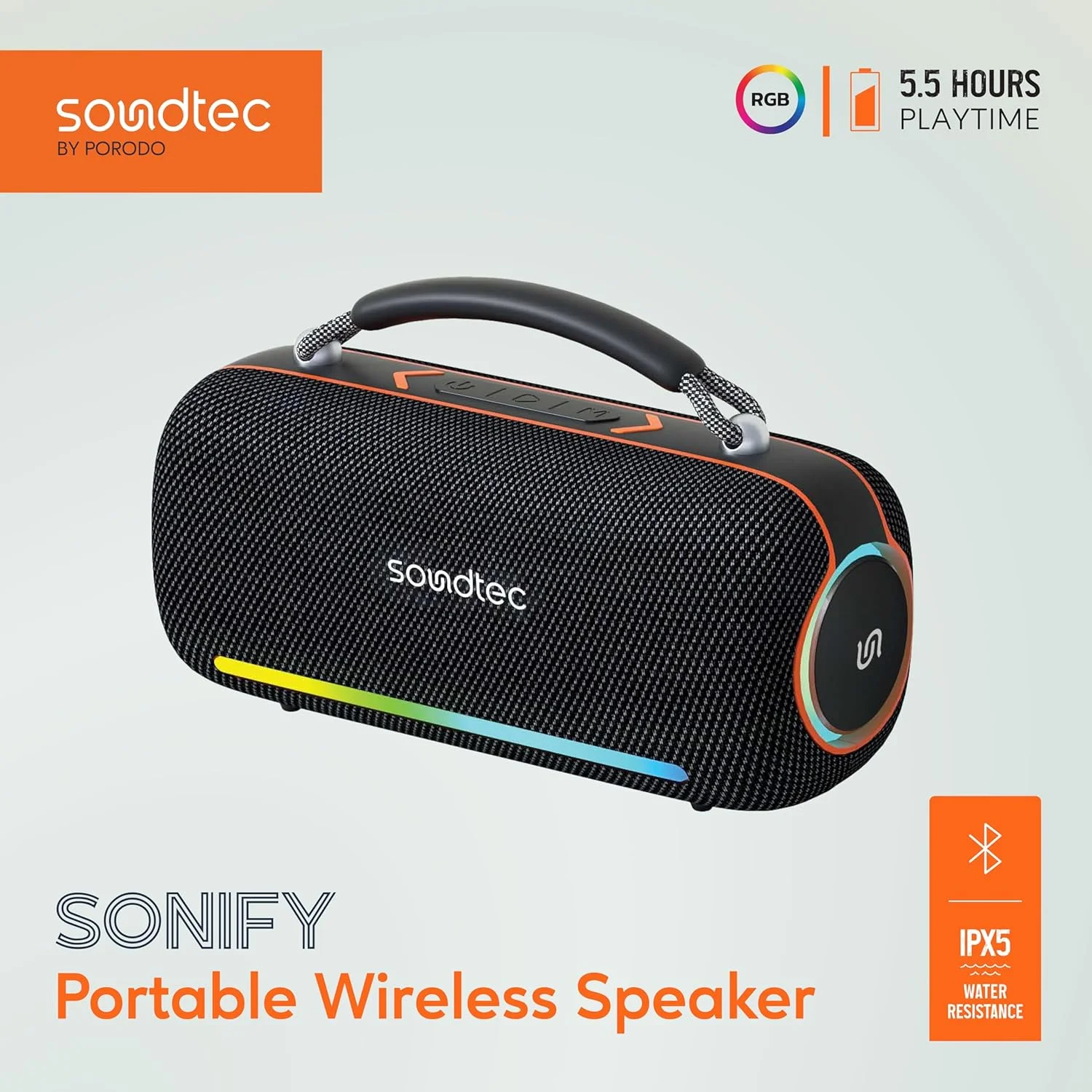 اسپیکر بلوتوثی قابل حمل پورودو Soundtec Sonify، اسپیکر بی سیم 30 واتی با چراغ های RGB، ضد آب IPX5، رادیو FM و 5.5 ساعت پخش، دسته نگهدارنده، اسلات کارت TF، AUX، فلش USB، برای فضای باز، مهمانی و خانه اسپیکر بلوتوثی قابل حمل پورودو Soundtec Sonify، اسپیکر بی سیم 30 واتی با چراغ های RGB، ضد آب IPX5، رادیو FM و 5.5 ساعت پخش، دسته نگهدارنده، اسلات کارت TF، AUX، فلش USB، برای فضای باز، مهمانی و خانه