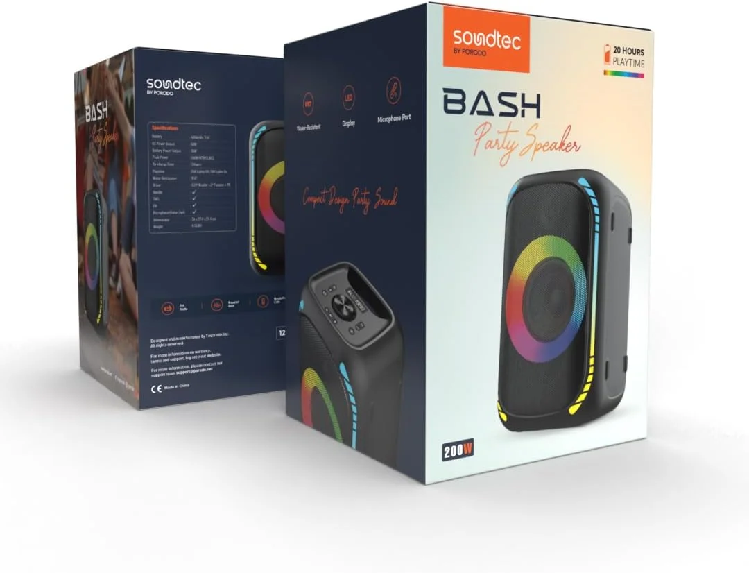 اسپیکر مهمانی پُرودو Soundtec Bash با توان 200 وات، ووفر 5.25 اینچی، توییتر 2 اینچی و FM، 20 ساعت پخش موسیقی، شارژر تلفن، بیس قدرتمند، درگاه میکروفون، نمایشگر LED، مقاوم در برابر آب IPX7 - مشکی اسپیکر مهمانی پُرودو Soundtec Bash با توان 200 وات، ووفر 5.25 اینچی، توییتر 2 اینچی و FM، 20 ساعت پخش موسیقی، شارژر تلفن، بیس قدرتمند، درگاه میکروفون، نمایشگر LED، مقاوم در برابر آب IPX7 - مشکی