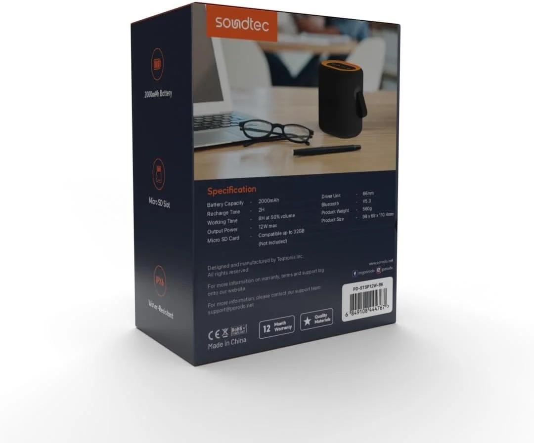 اسپیکر قابل حمل Porodo Soundtec Rave با 8 ساعت پخش موسیقی، حداکثر توان خروجی 12 وات، باتری 2000 میلی آمپر ساعت، بلوتوث 5.3، برد انتقال 10 متر، کارت حافظه Micro SD، مقاوم در برابر آب IPX6، شارژ Type-C - مشکی اسپیکر قابل حمل Porodo Soundtec Rave با 8 ساعت پخش موسیقی، حداکثر توان خروجی 12 وات، باتری 2000 میلی آمپر ساعت، بلوتوث 5.3، برد انتقال 10 متر، کارت حافظه Micro SD، مقاوم در برابر آب IPX6، شارژ Type-C - مشکی