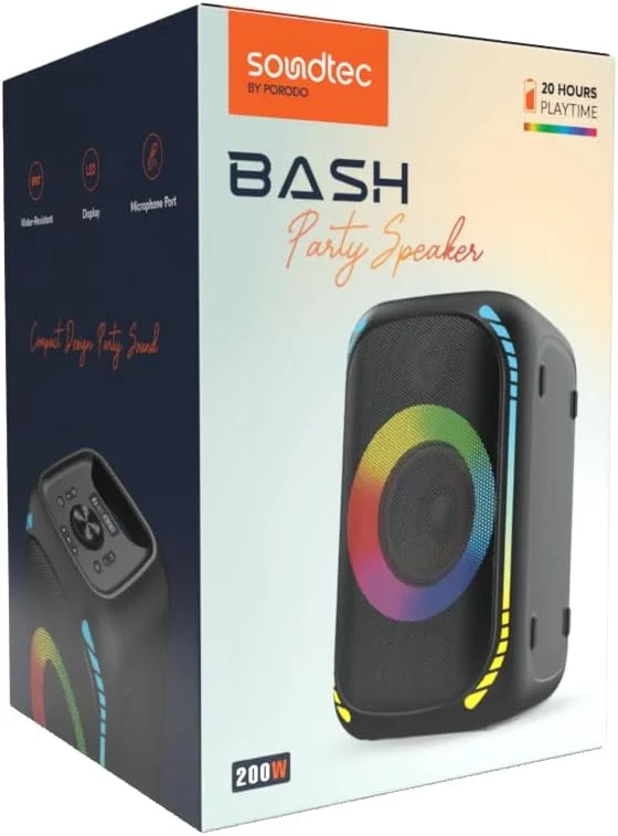 اسپیکر مهمانی پُرودو Soundtec Bash با توان 200 وات، ووفر 5.25 اینچی، توییتر 2 اینچی و FM، 20 ساعت پخش موسیقی، شارژر تلفن، بیس قدرتمند، درگاه میکروفون، نمایشگر LED، مقاوم در برابر آب IPX7 - مشکی اسپیکر مهمانی پُرودو Soundtec Bash با توان 200 وات، ووفر 5.25 اینچی، توییتر 2 اینچی و FM، 20 ساعت پخش موسیقی، شارژر تلفن، بیس قدرتمند، درگاه میکروفون، نمایشگر LED، مقاوم در برابر آب IPX7 - مشکی