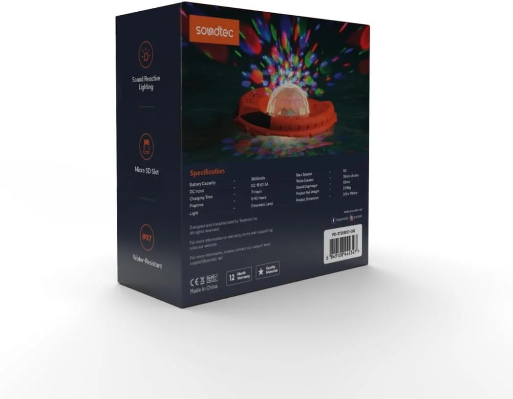 اسپیکر بلوتوث شناور LED دیسکو Soundtec Porodo، اسپیکر دوشی، اسپیکر مهمانی استخر، مقاوم در برابر آب IP67، باتری 24000 میلی آمپر ساعت، 6 ساعت پخش با حداکثر صدا، چراغ های LED رنگی، بیس و تریبل قدرتمند اسپیکر بلوتوث شناور LED دیسکو Soundtec Porodo، اسپیکر دوشی، اسپیکر مهمانی استخر، مقاوم در برابر آب IP67، باتری 24000 میلی آمپر ساعت، 6 ساعت پخش با حداکثر صدا، چراغ های LED رنگی، بیس و تریبل قدرتمند